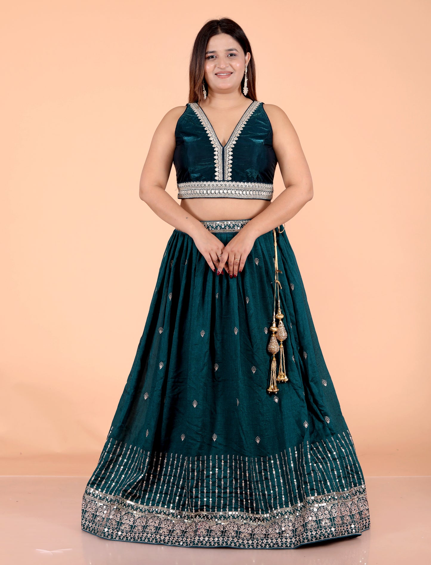 VISCOSE CHINON ZARI EMBROIDERY TURQUOISE GREEN LEHNGA BY SKFBHOLUBHAI