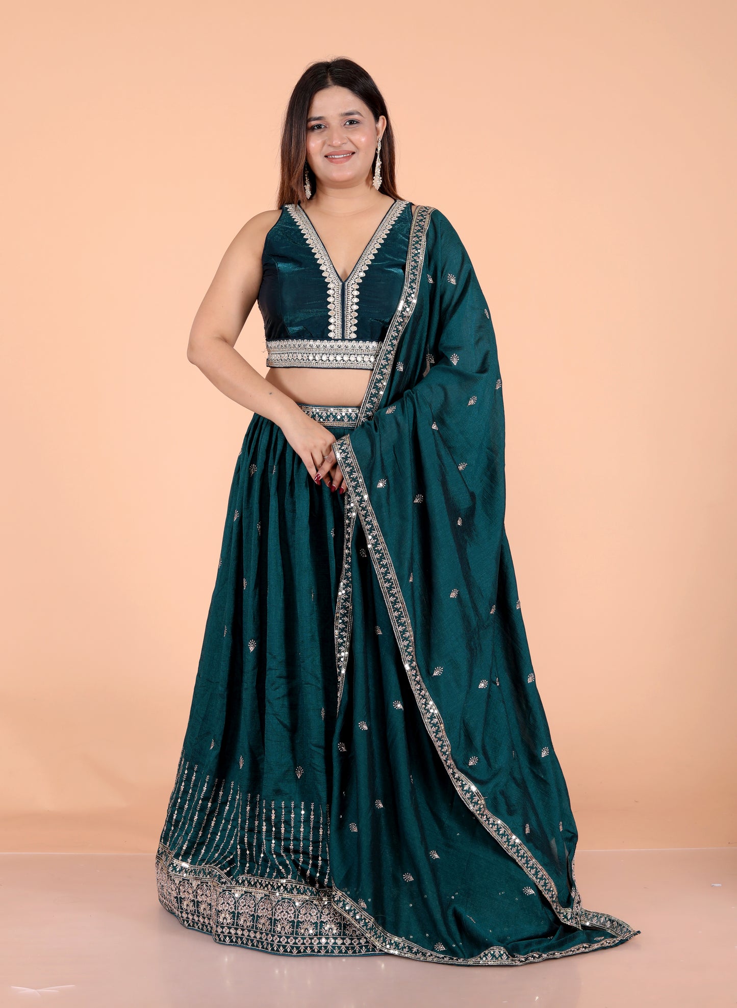 VISCOSE CHINON ZARI EMBROIDERY TURQUOISE GREEN LEHNGA BY SKFBHOLUBHAI