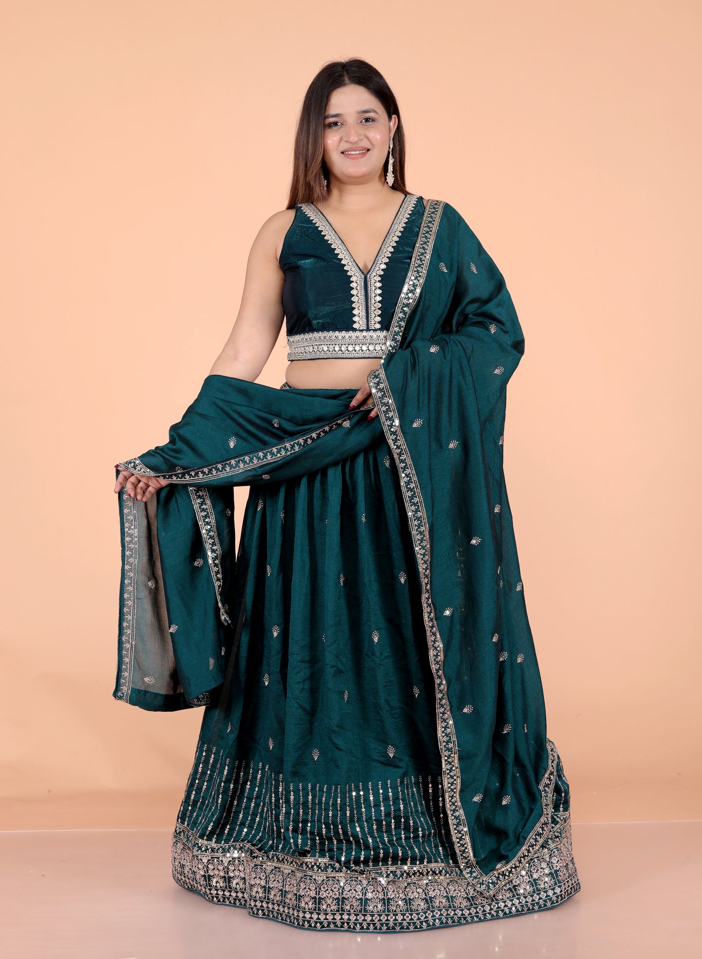 VISCOSE CHINON ZARI EMBROIDERY TURQUOISE GREEN LEHNGA BY SKFBHOLUBHAI