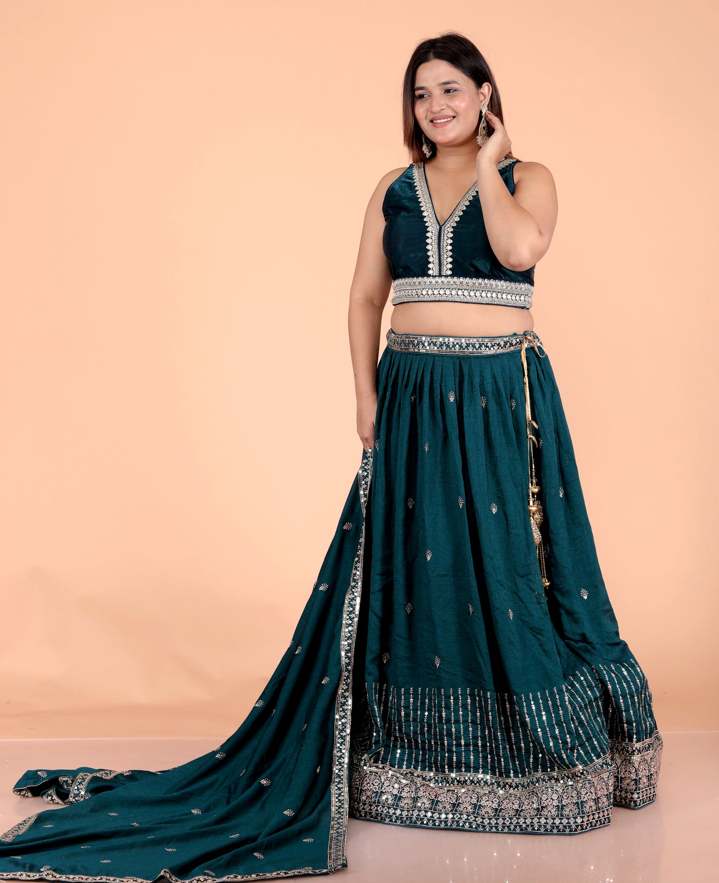 VISCOSE CHINON ZARI EMBROIDERY TURQUOISE GREEN LEHNGA BY SKFBHOLUBHAI