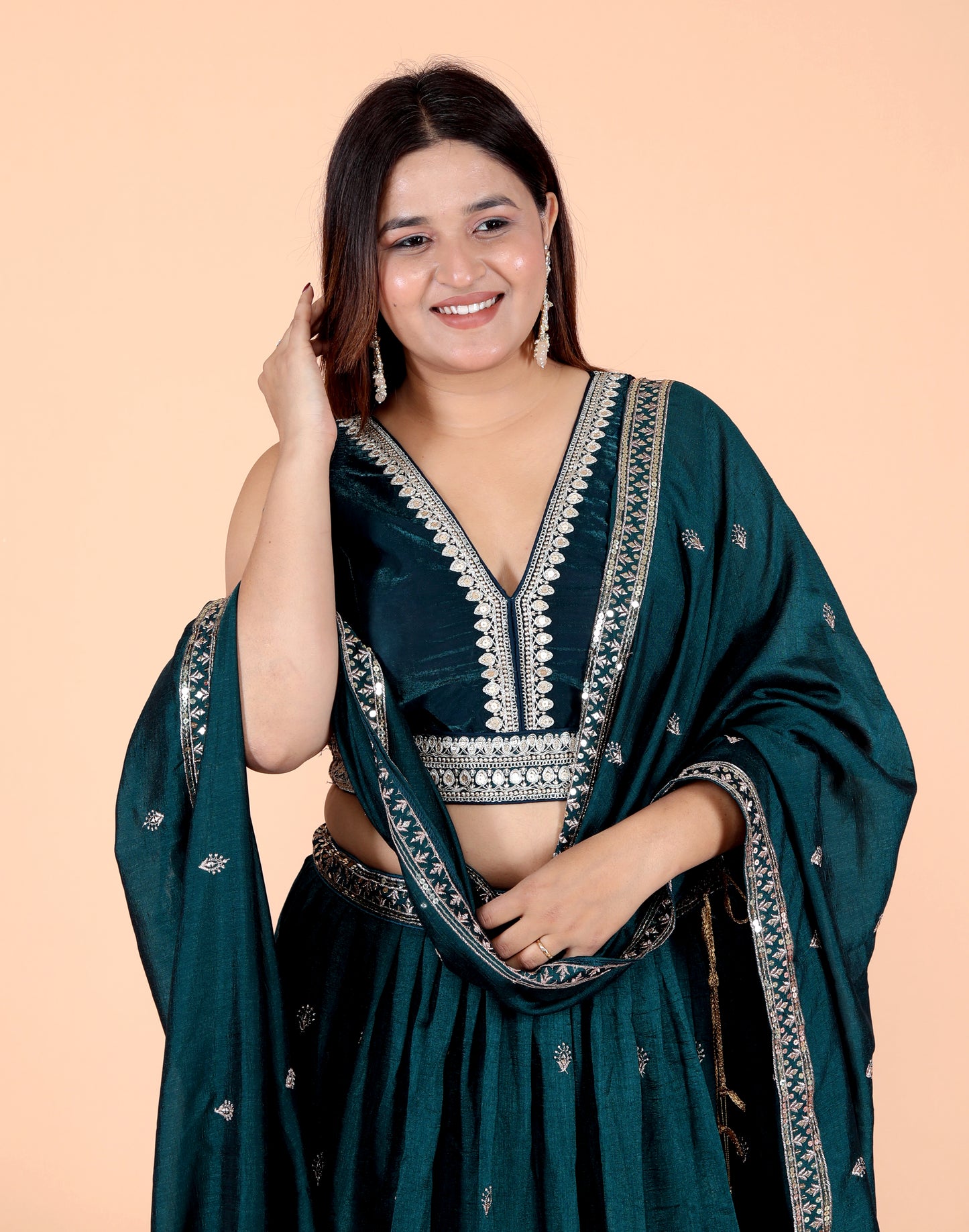 VISCOSE CHINON ZARI EMBROIDERY TURQUOISE GREEN LEHNGA BY SKFBHOLUBHAI