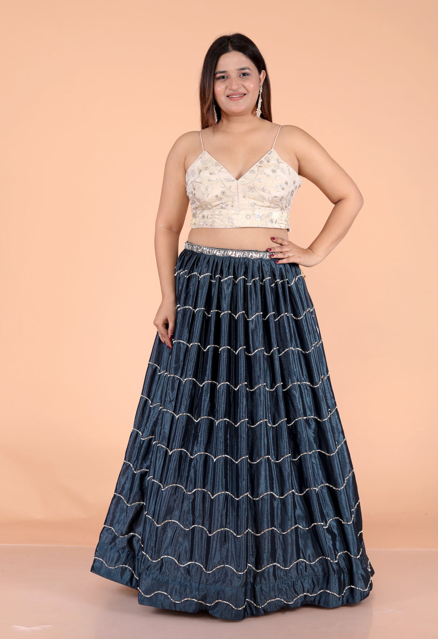 CHINON PEARL HANDWORK DESIGNER TEAL BLUE LEHNGA BY SKFBHOLUBHAI
