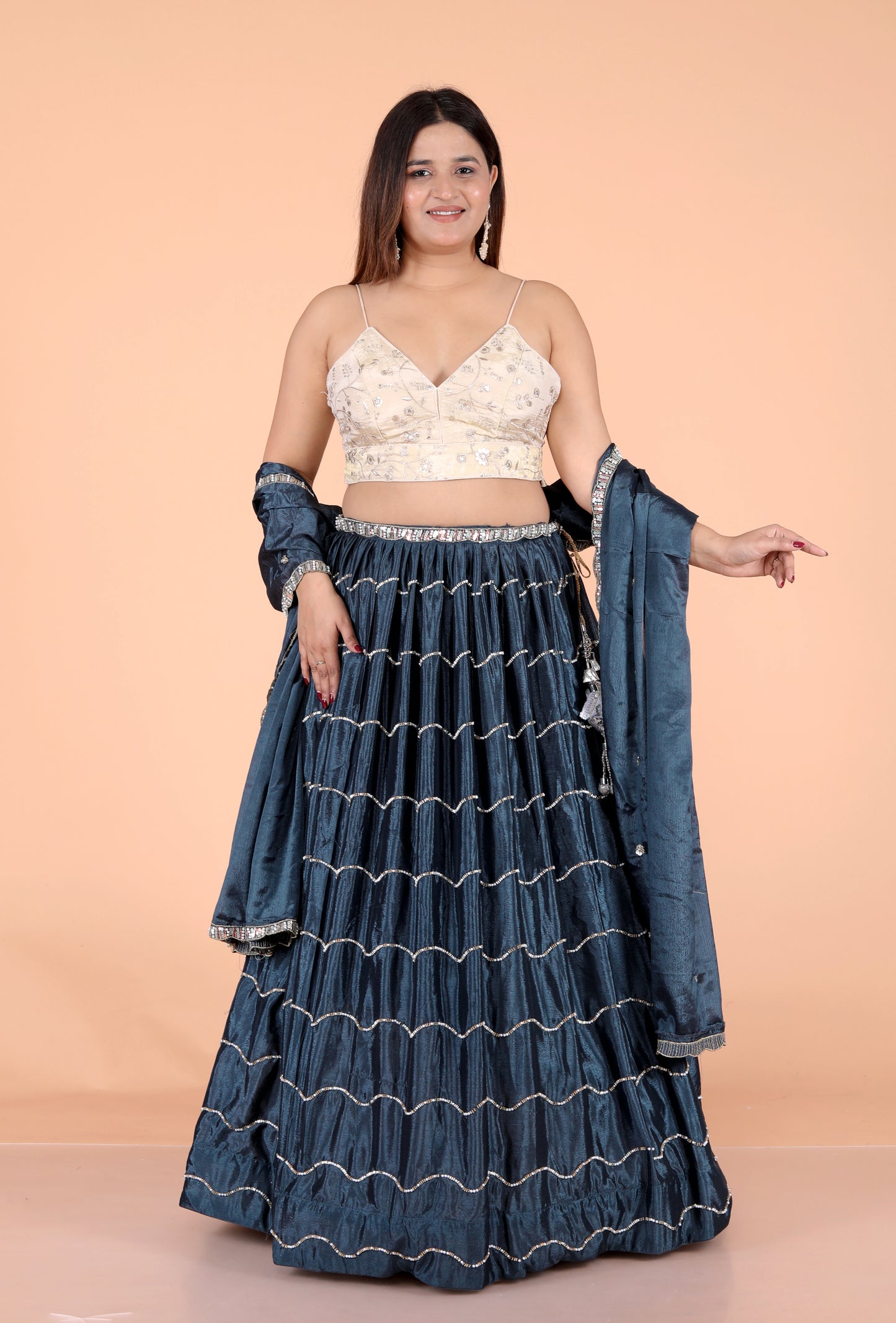 CHINON PEARL HANDWORK DESIGNER TEAL BLUE LEHNGA BY SKFBHOLUBHAI