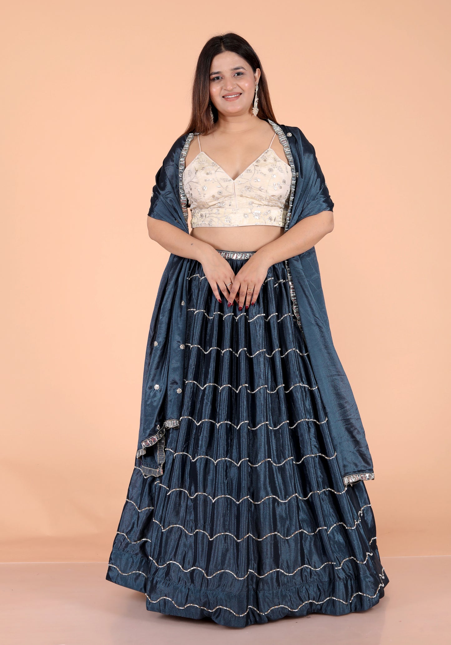 CHINON PEARL HANDWORK DESIGNER TEAL BLUE LEHNGA BY SKFBHOLUBHAI