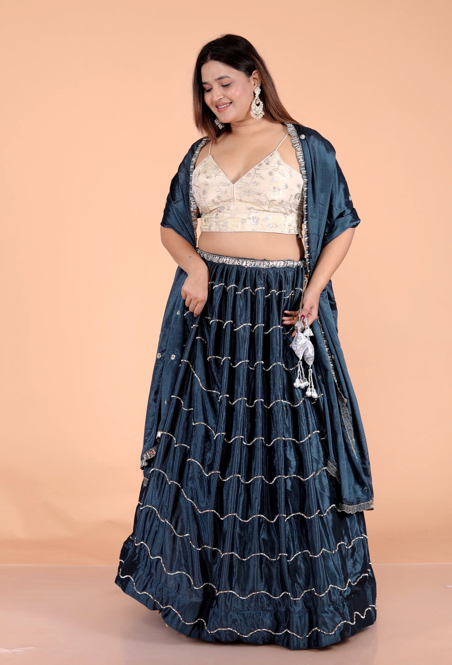 CHINON PEARL HANDWORK DESIGNER TEAL BLUE LEHNGA BY SKFBHOLUBHAI