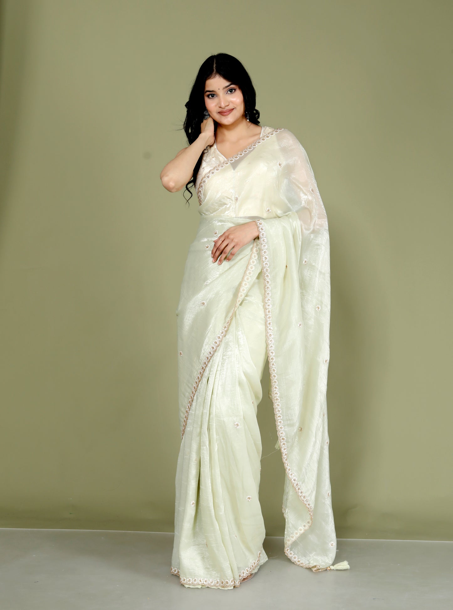CRUSH TISSUE PERAL HANDWORK PISTA GREEN SAREE BY SKFBHOLUBHAI