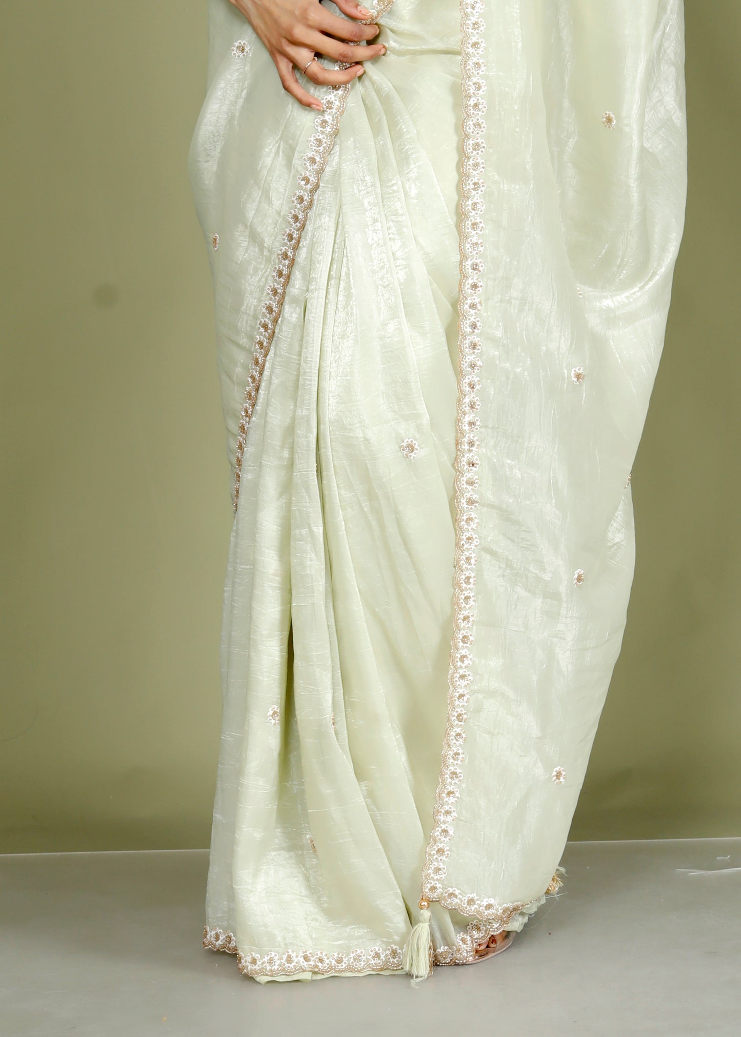CRUSH TISSUE PERAL HANDWORK PISTA GREEN SAREE BY SKFBHOLUBHAI