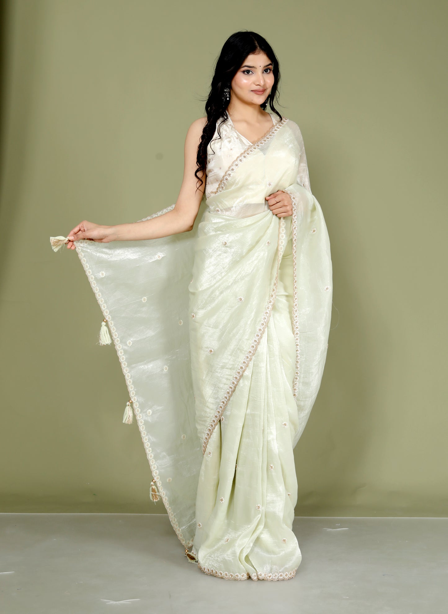 CRUSH TISSUE PERAL HANDWORK PISTA GREEN SAREE BY SKFBHOLUBHAI