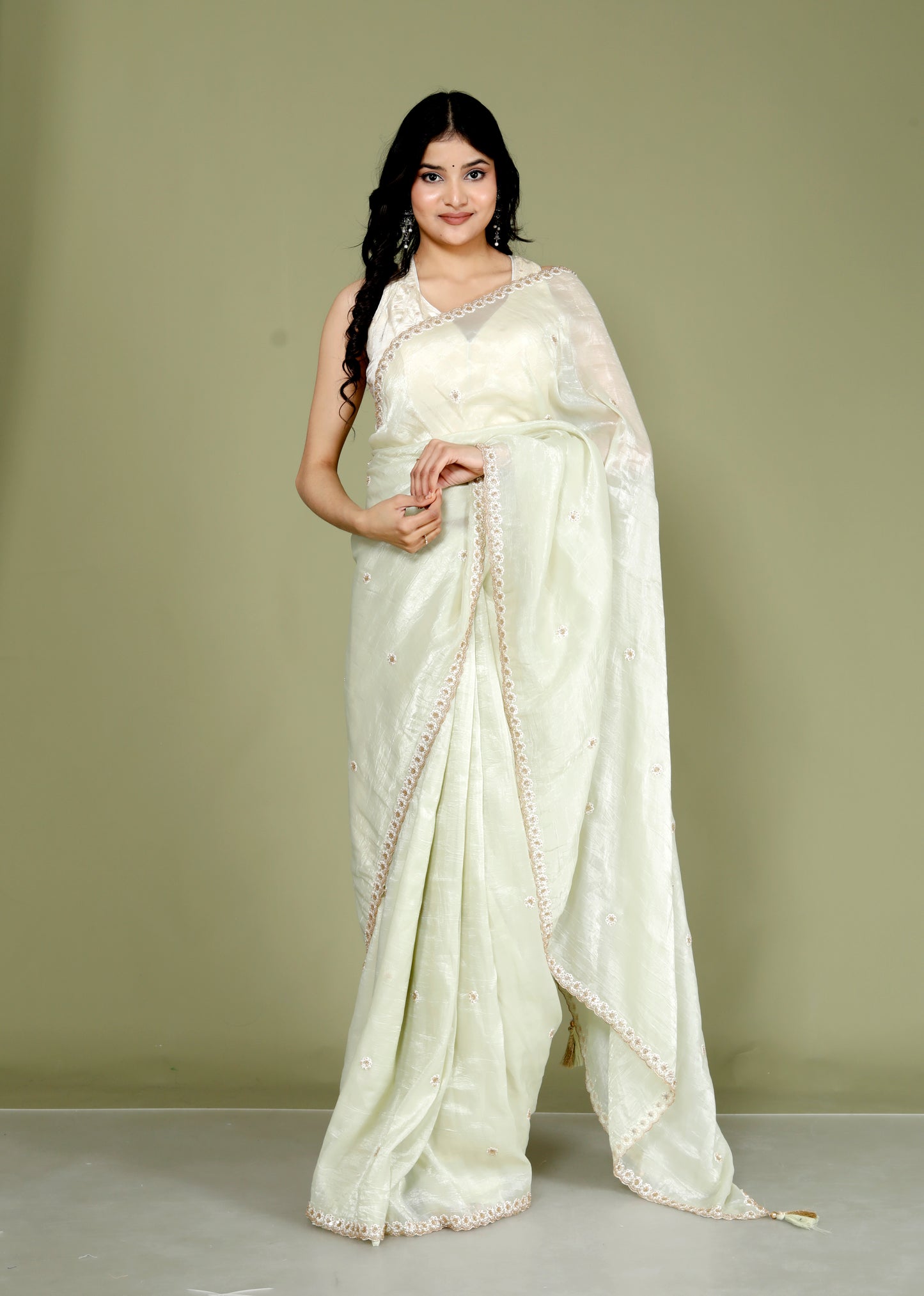 CRUSH TISSUE PERAL HANDWORK PISTA GREEN SAREE BY SKFBHOLUBHAI