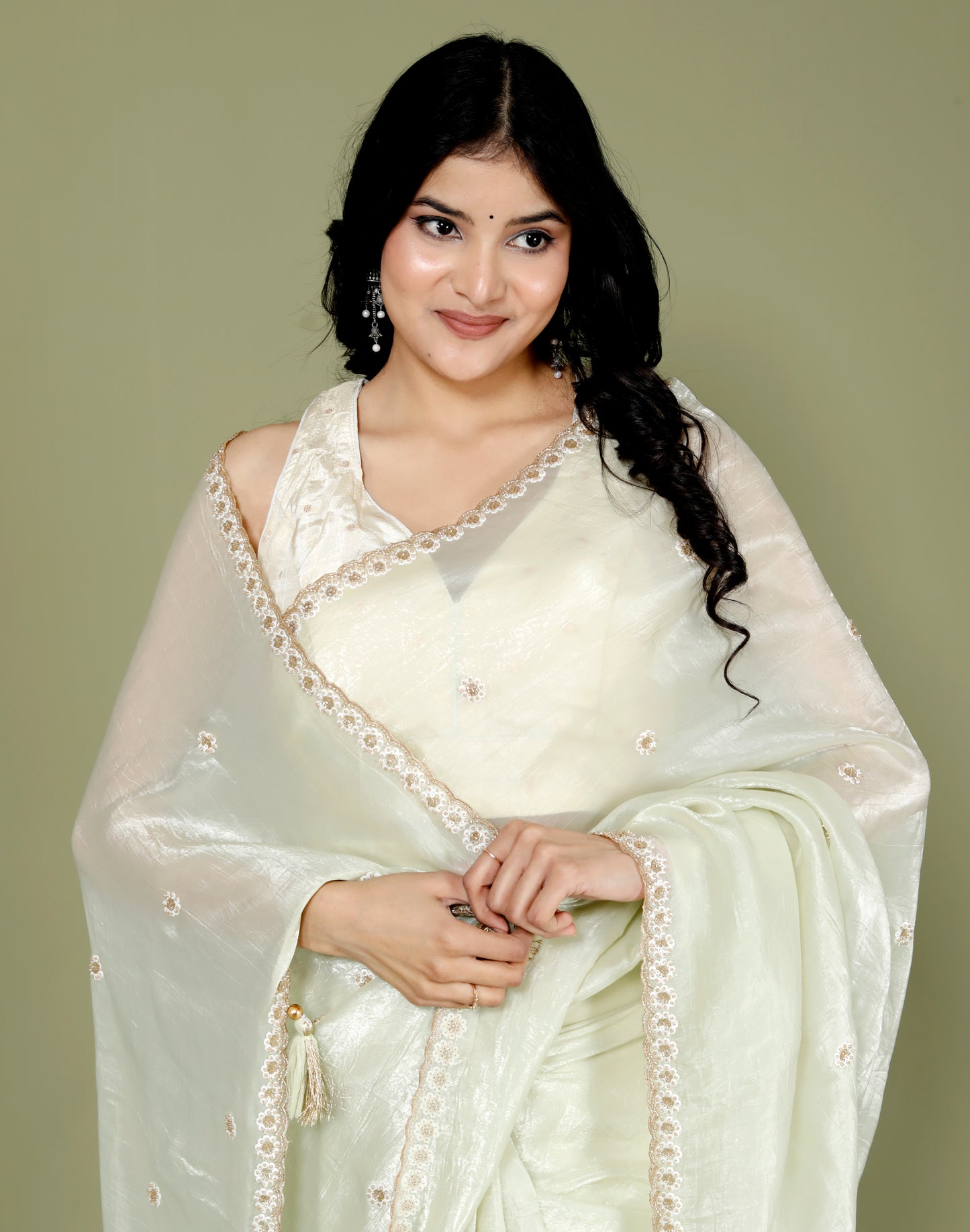 CRUSH TISSUE PERAL HANDWORK PISTA GREEN SAREE BY SKFBHOLUBHAI