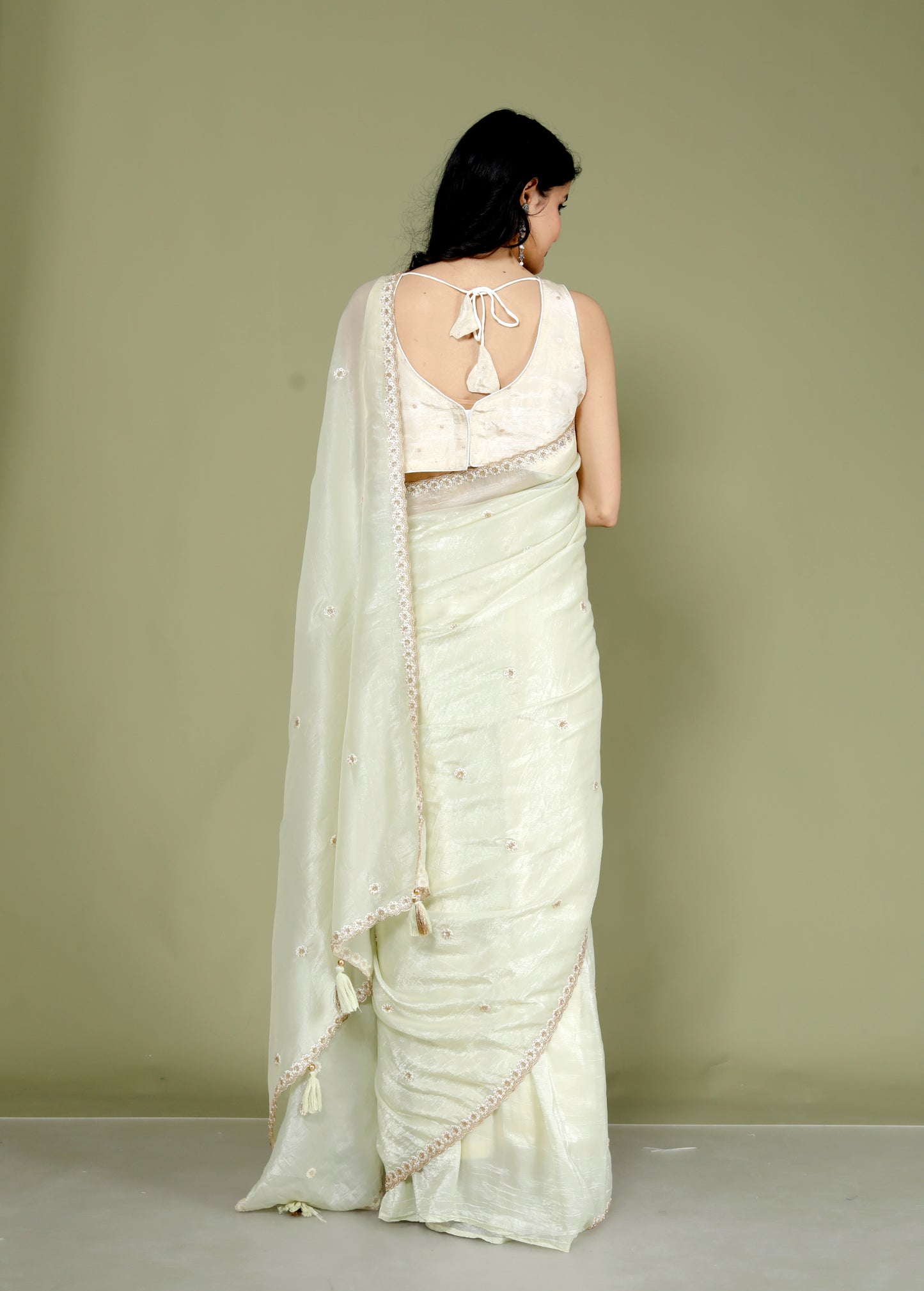 CRUSH TISSUE PERAL HANDWORK PISTA GREEN SAREE BY SKFBHOLUBHAI