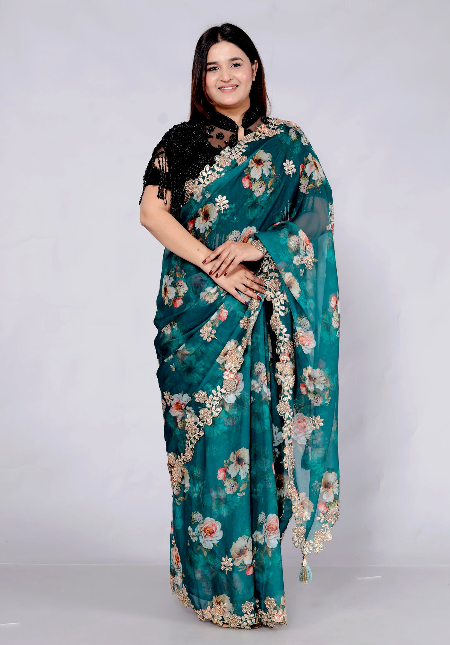 ORGANZA DIGITAL PRINT CUTBORDER EMROIDERY TURQUOISE GREEN SAREE BY SKFBHOLUBHAI