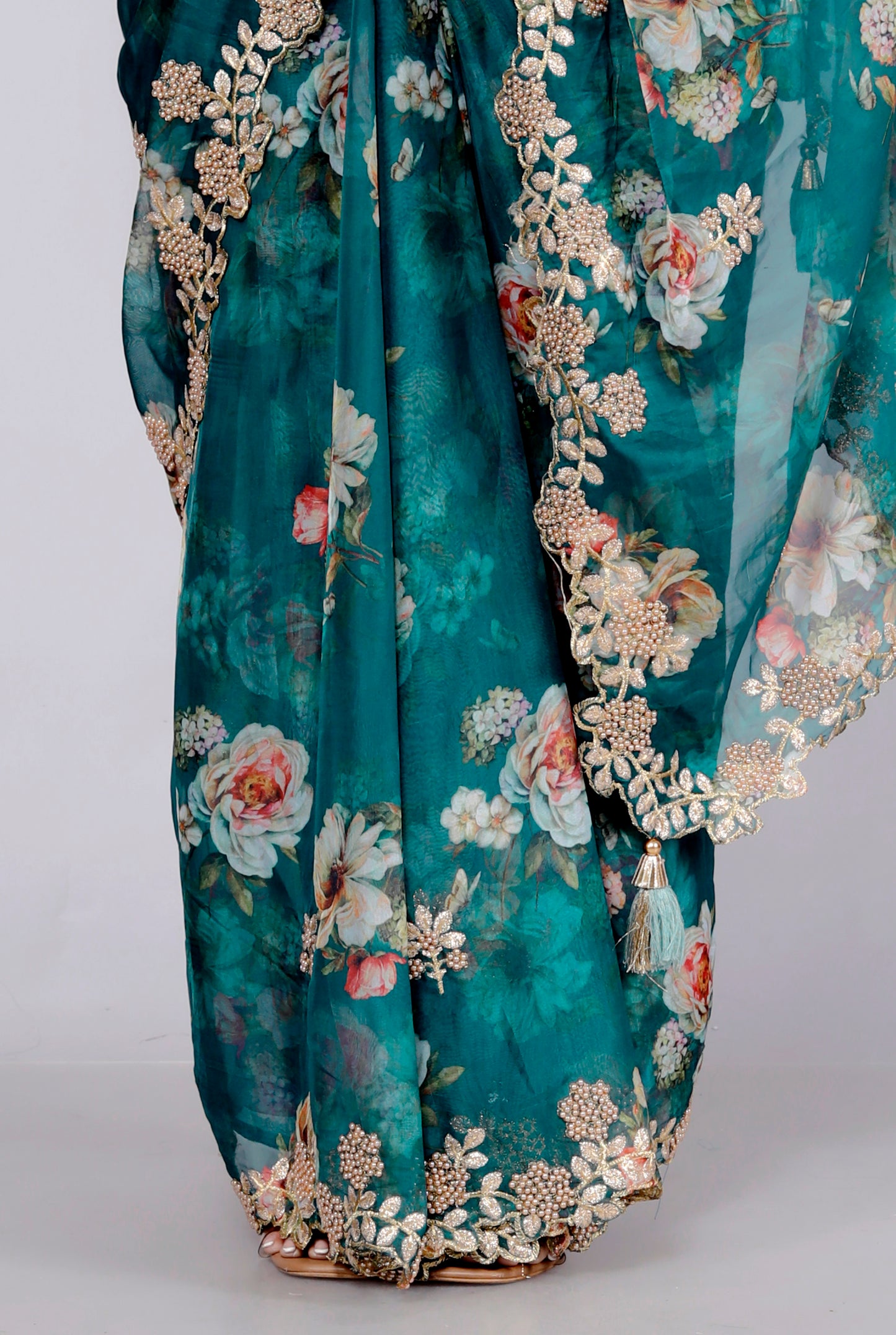 ORGANZA DIGITAL PRINT CUTBORDER EMROIDERY TURQUOISE GREEN SAREE BY SKFBHOLUBHAI