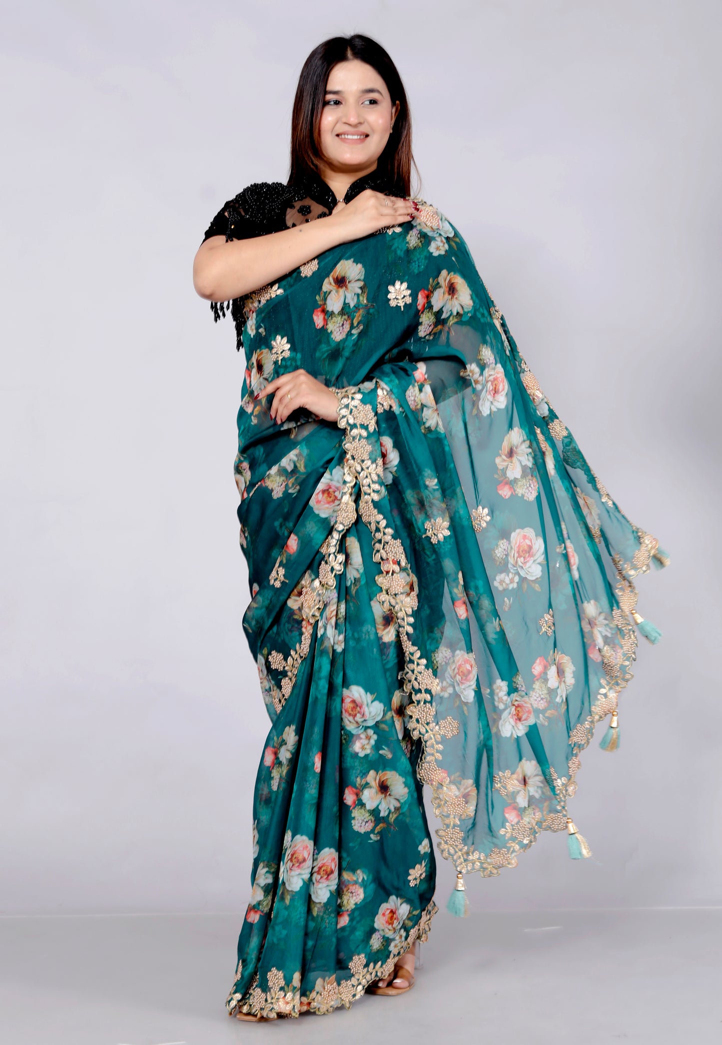 ORGANZA DIGITAL PRINT CUTBORDER EMROIDERY TURQUOISE GREEN SAREE BY SKFBHOLUBHAI