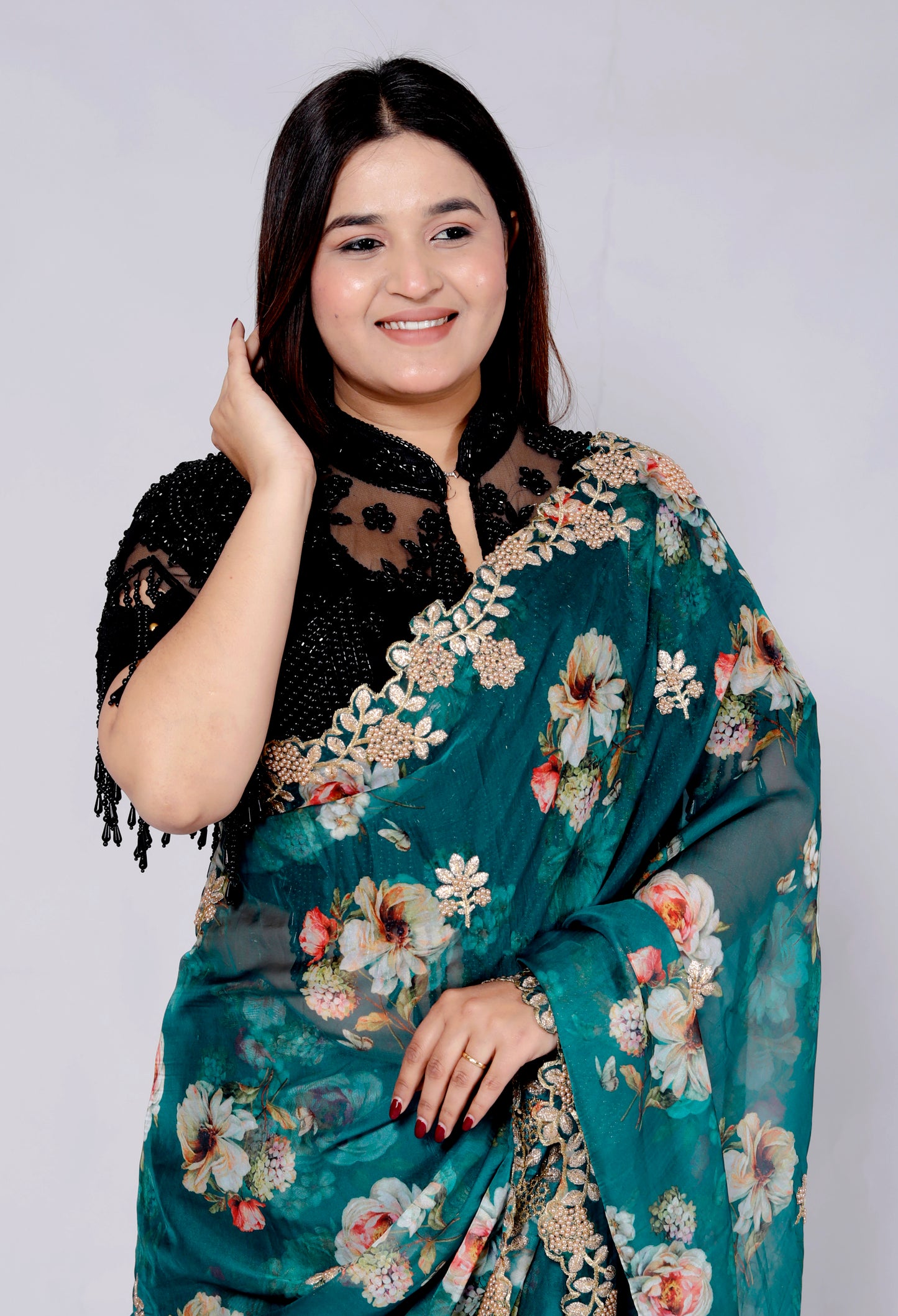 ORGANZA DIGITAL PRINT CUTBORDER EMROIDERY TURQUOISE GREEN SAREE BY SKFBHOLUBHAI