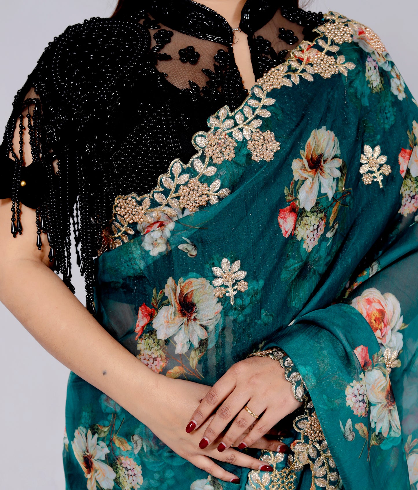 ORGANZA DIGITAL PRINT CUTBORDER EMROIDERY TURQUOISE GREEN SAREE BY SKFBHOLUBHAI
