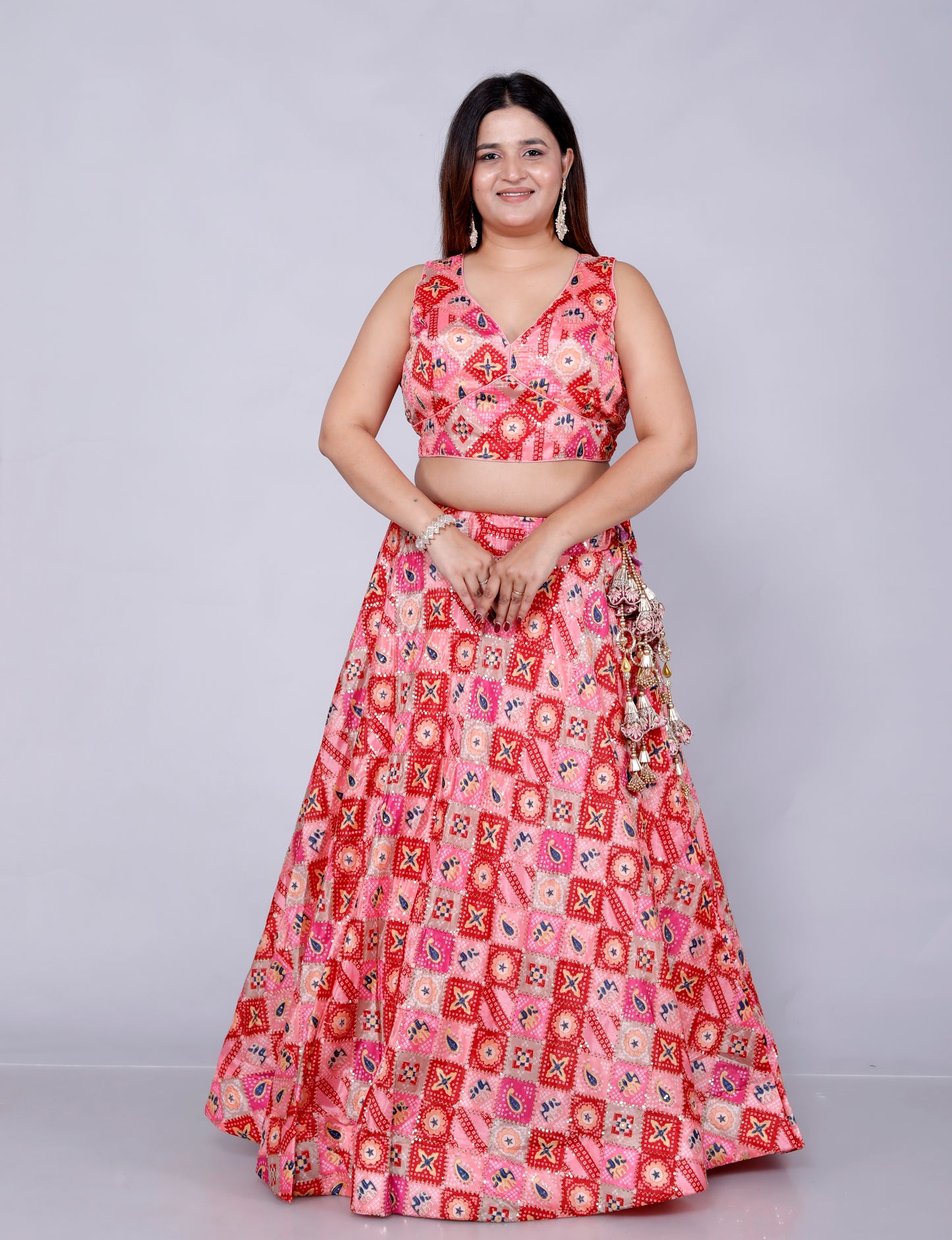 SILK HAND PAINTED ZARI OUTLINE WORK STICH PINK LEHNGA BY SKFBHOLUBHAI