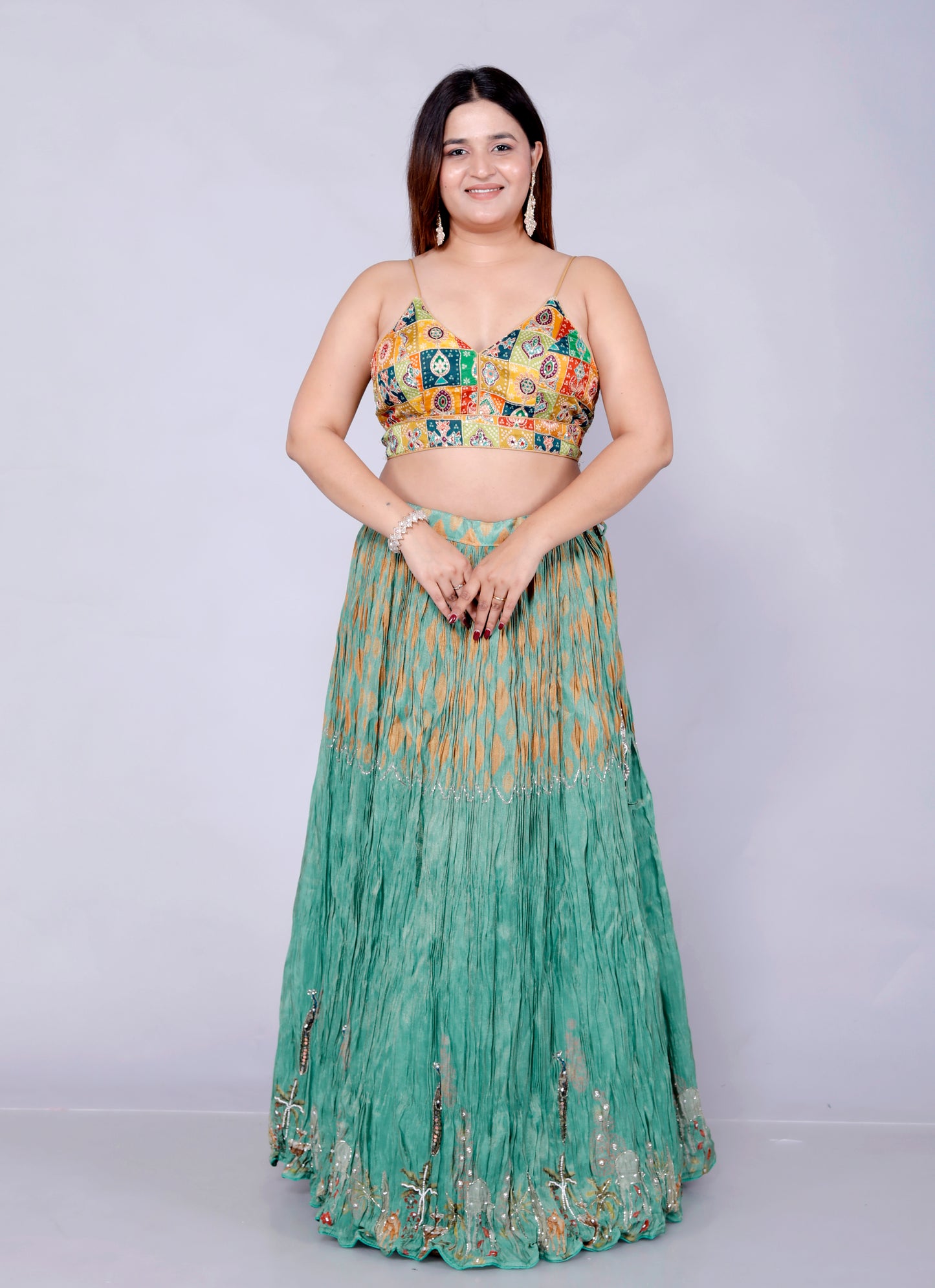 CHINON CRUSH DIGITAL PRINT HANDWORK STYLISH SAGE GREEN LEHNGA BY SKFBHOLUBHAI