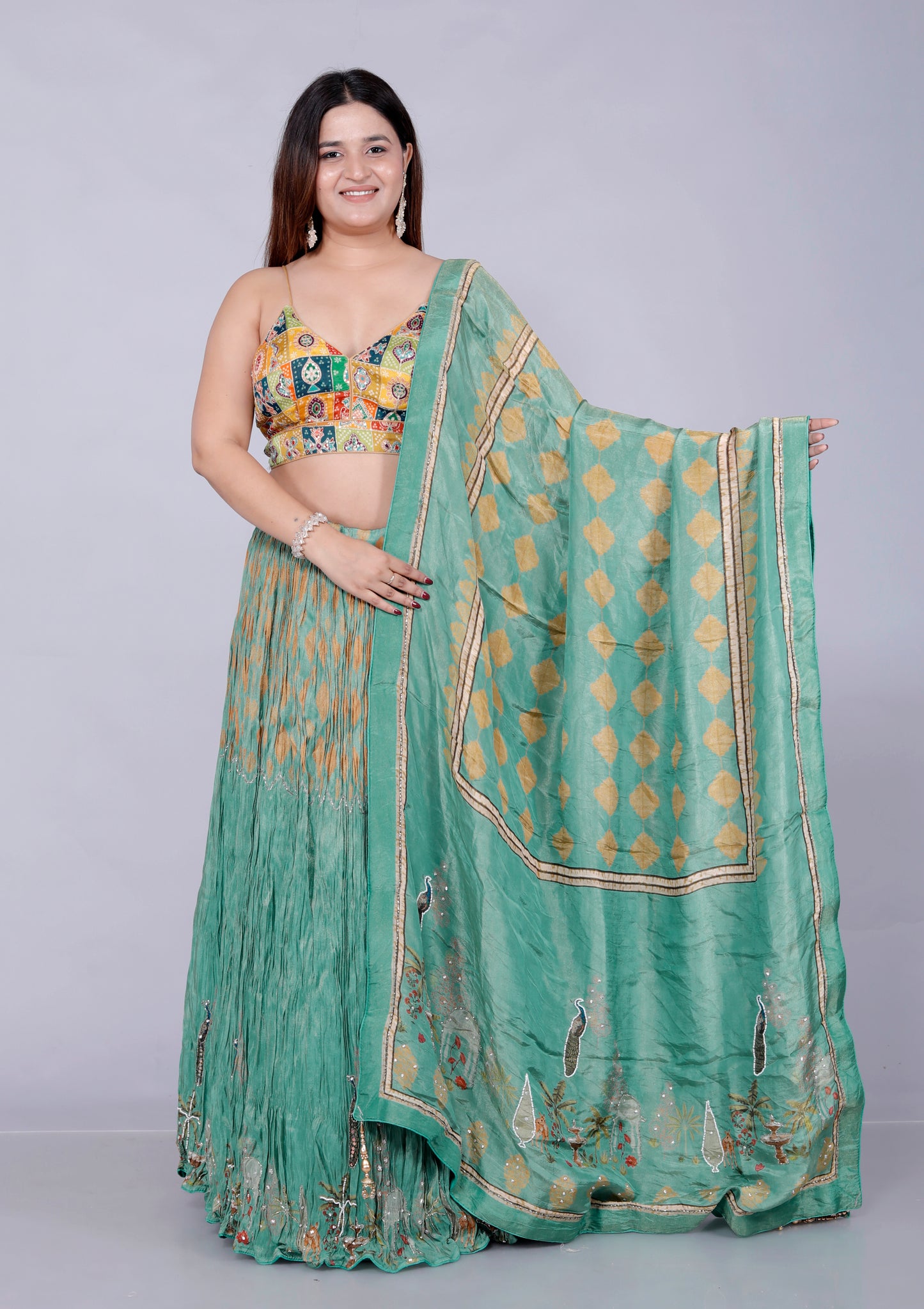 CHINON CRUSH DIGITAL PRINT HANDWORK STYLISH SAGE GREEN LEHNGA BY SKFBHOLUBHAI