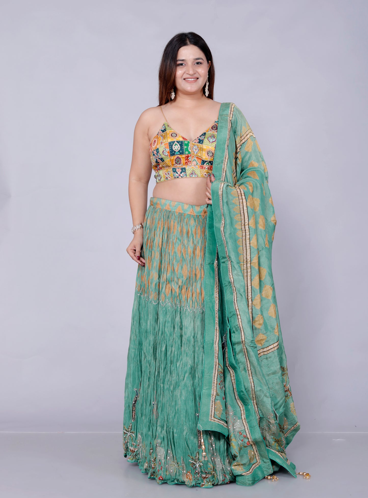 CHINON CRUSH DIGITAL PRINT HANDWORK STYLISH SAGE GREEN LEHNGA BY SKFBHOLUBHAI