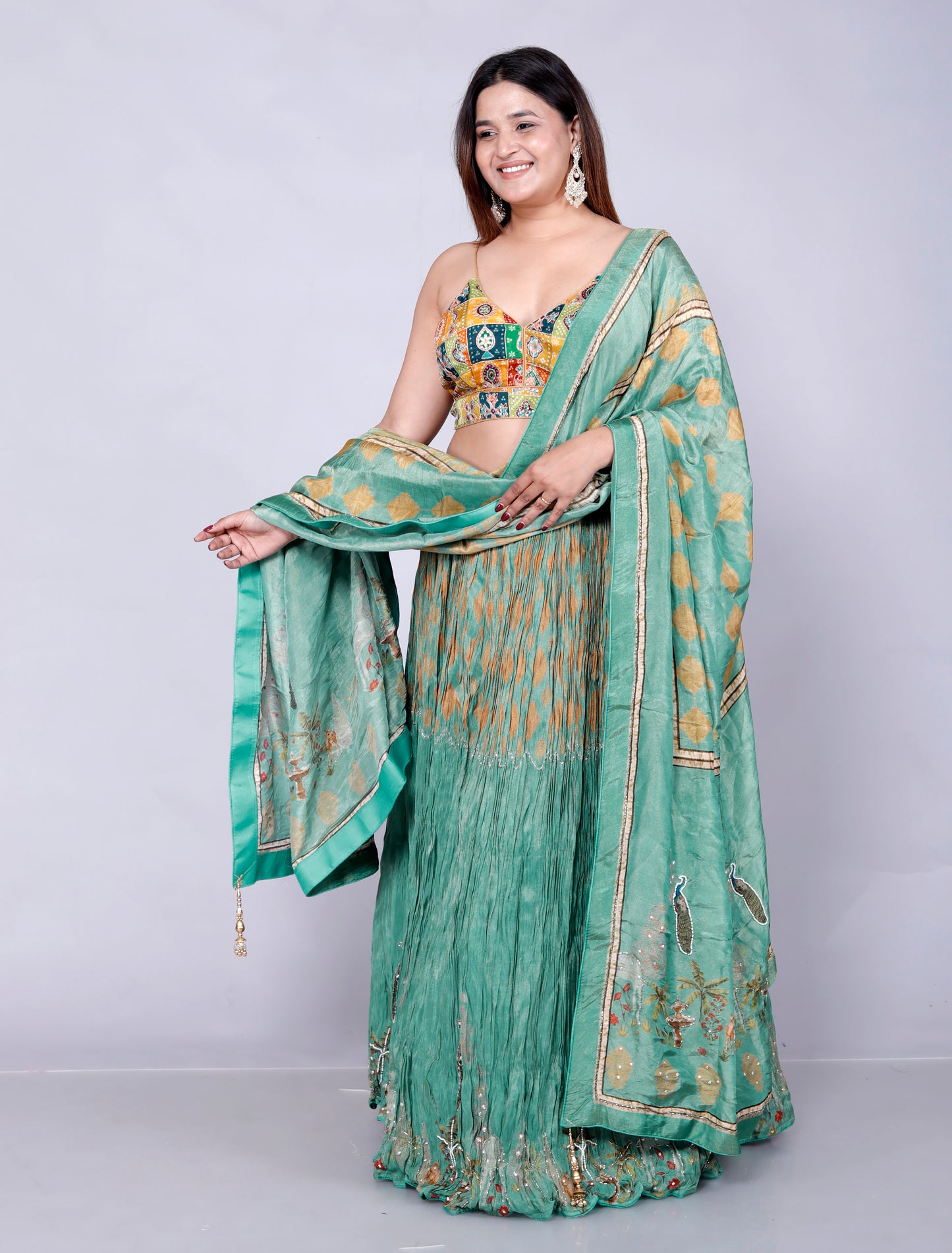 CHINON CRUSH DIGITAL PRINT HANDWORK STYLISH SAGE GREEN LEHNGA BY SKFBHOLUBHAI