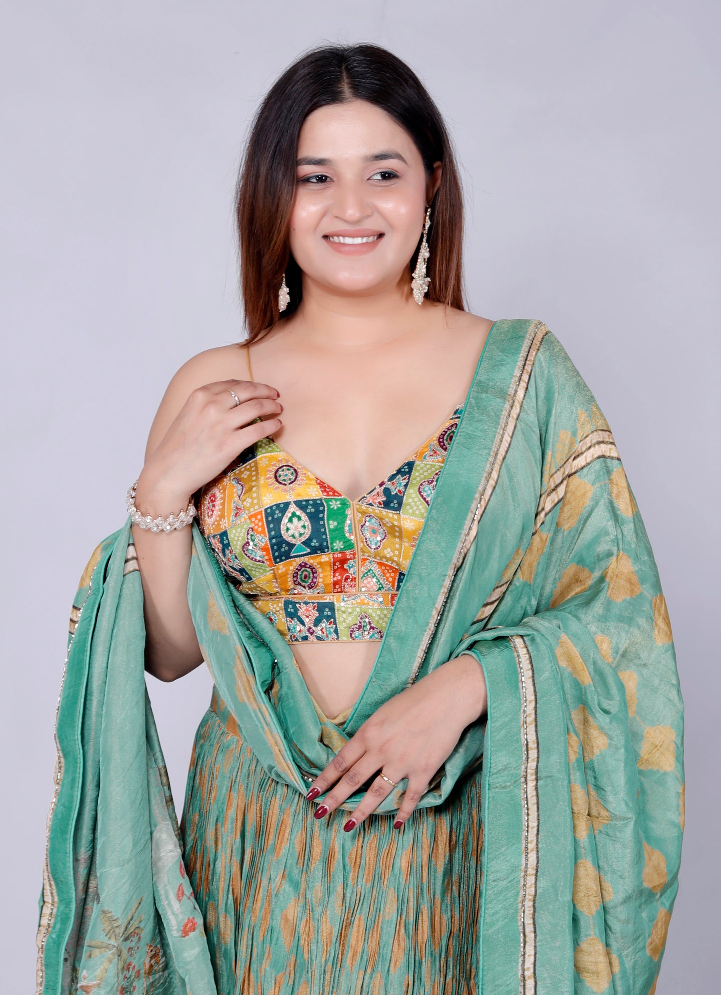 CHINON CRUSH DIGITAL PRINT HANDWORK STYLISH SAGE GREEN LEHNGA BY SKFBHOLUBHAI