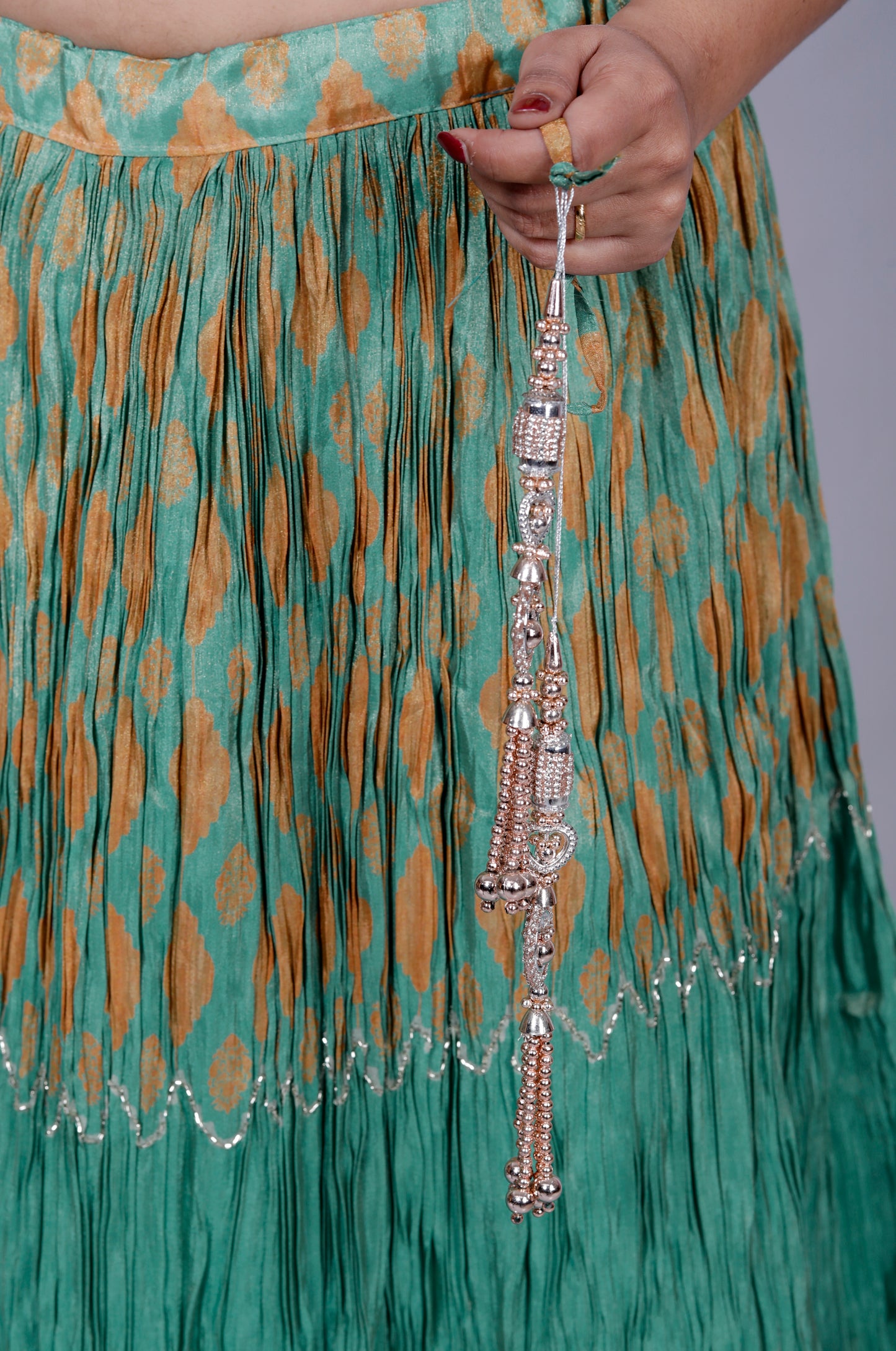 CHINON CRUSH DIGITAL PRINT HANDWORK STYLISH SAGE GREEN LEHNGA BY SKFBHOLUBHAI