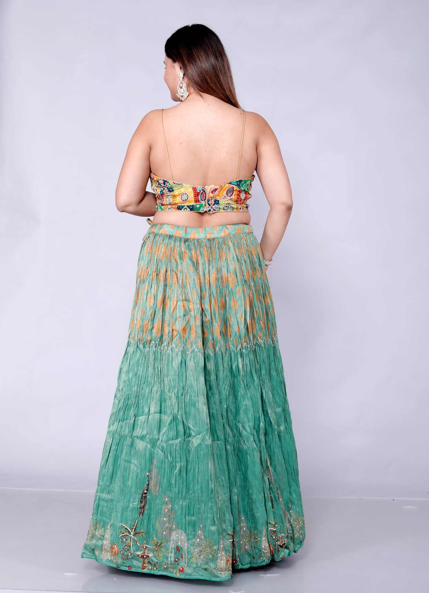 CHINON CRUSH DIGITAL PRINT HANDWORK STYLISH SAGE GREEN LEHNGA BY SKFBHOLUBHAI
