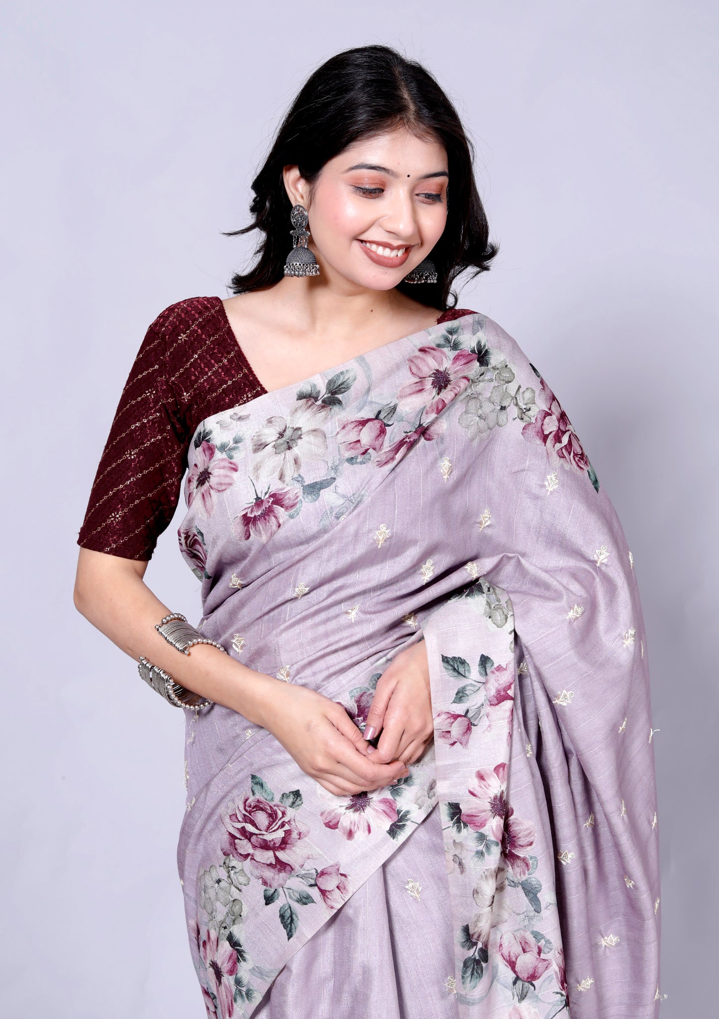 Pure Digital Raw Silk Embroidery Saree