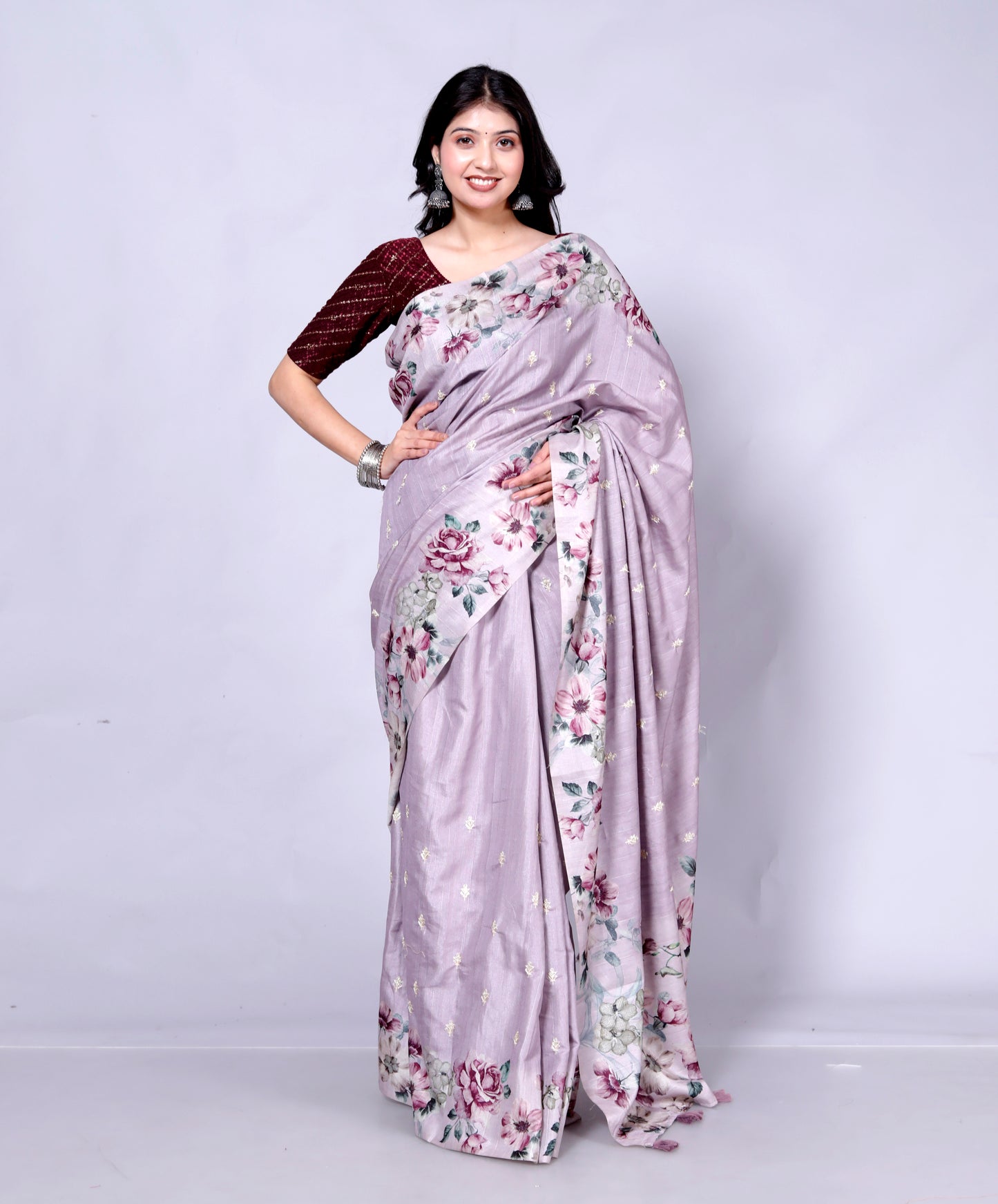 Pure Digital Raw Silk Embroidery Saree