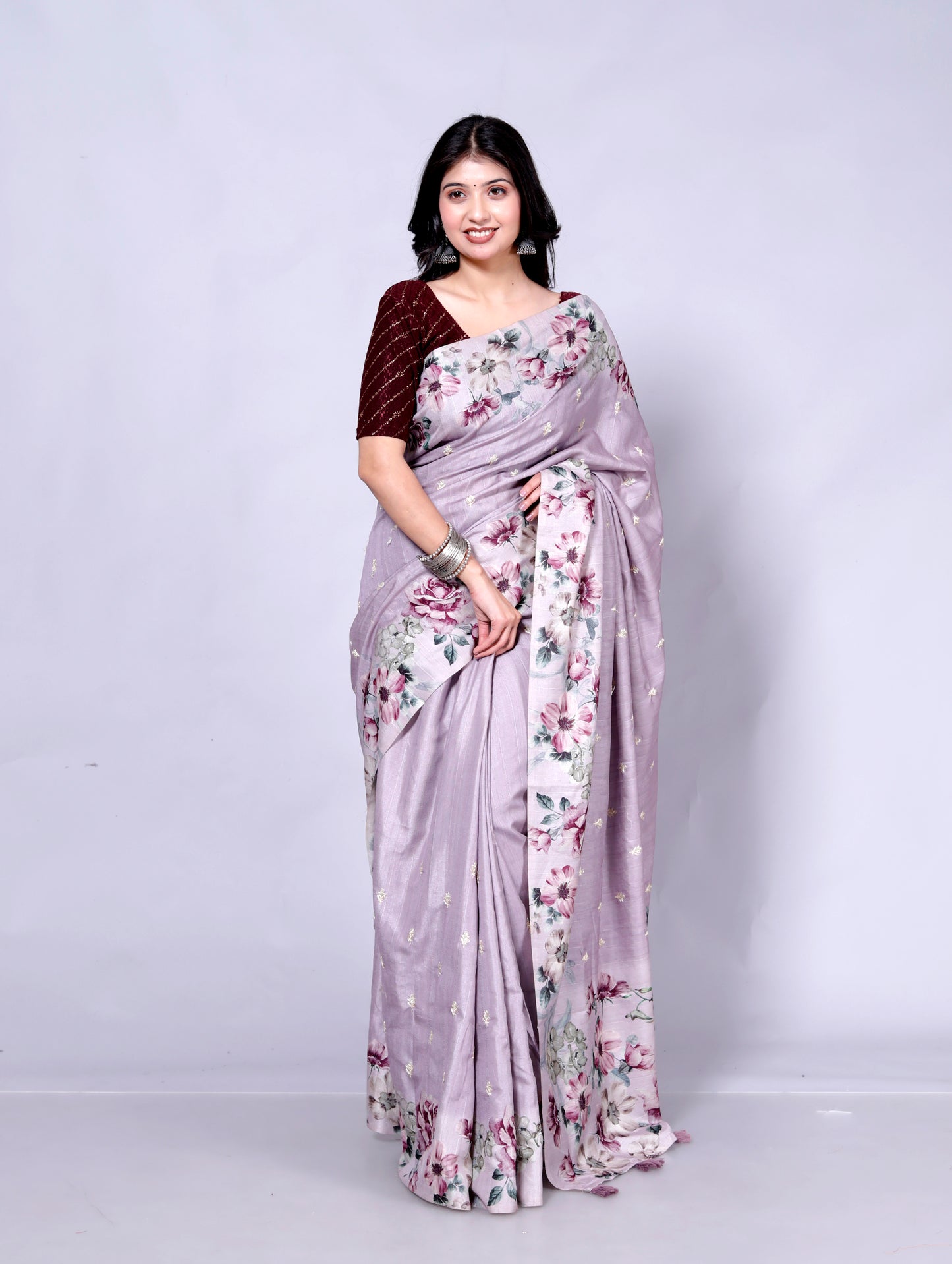 Pure Digital Raw Silk Embroidery Saree