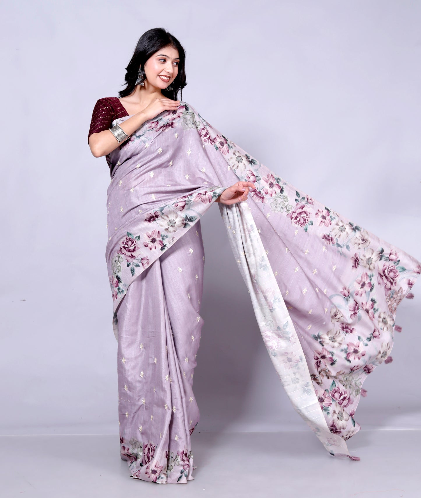 Pure Digital Raw Silk Embroidery Saree