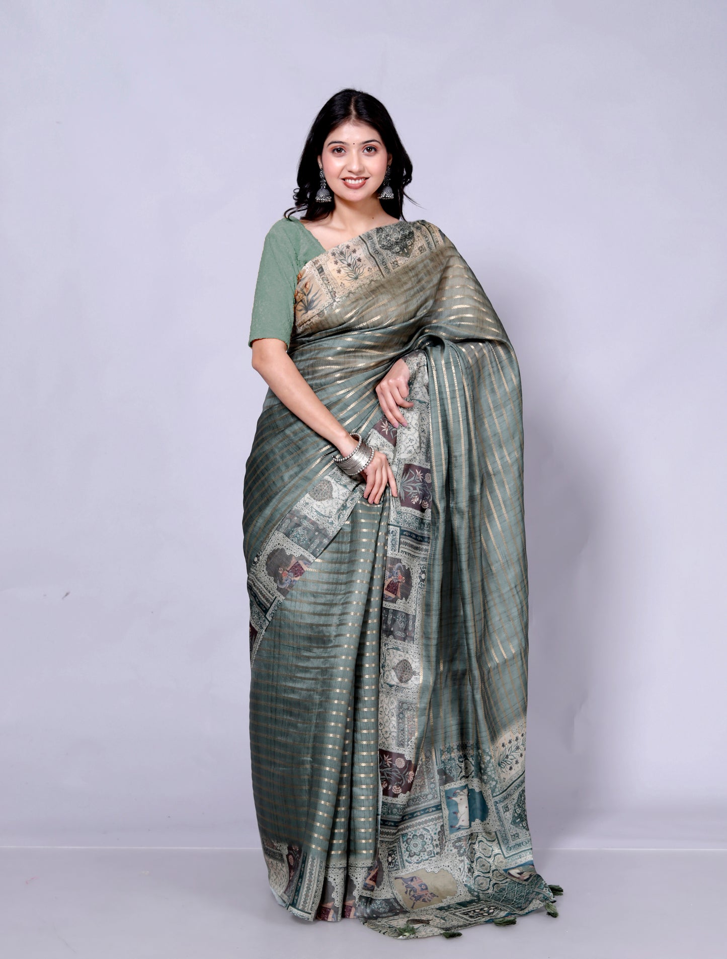 Pure Digital Linen Zari Lining Saree