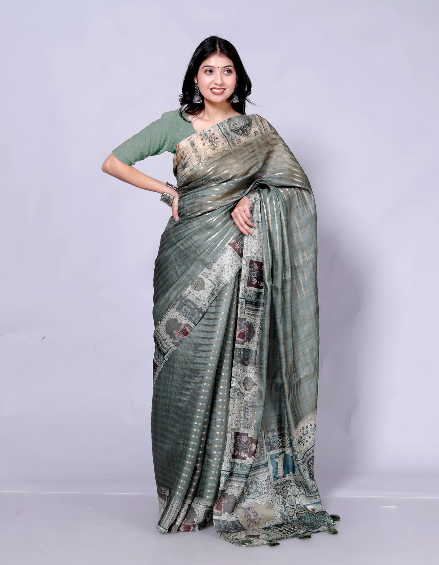 Pure Digital Linen Zari Lining Saree