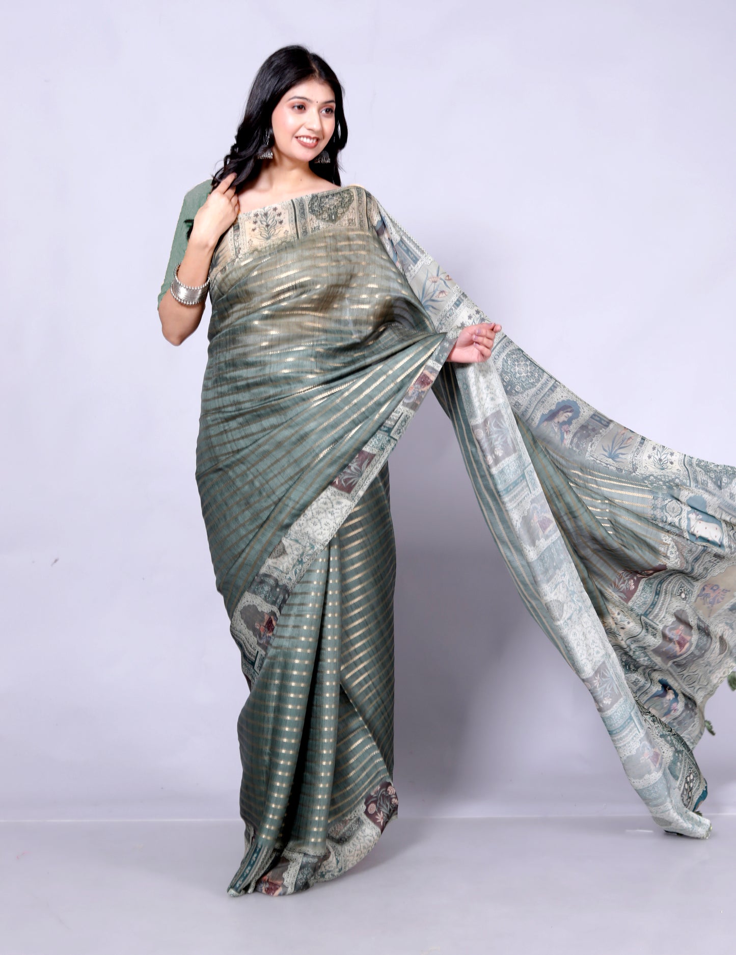 Pure Digital Linen Zari Lining Saree