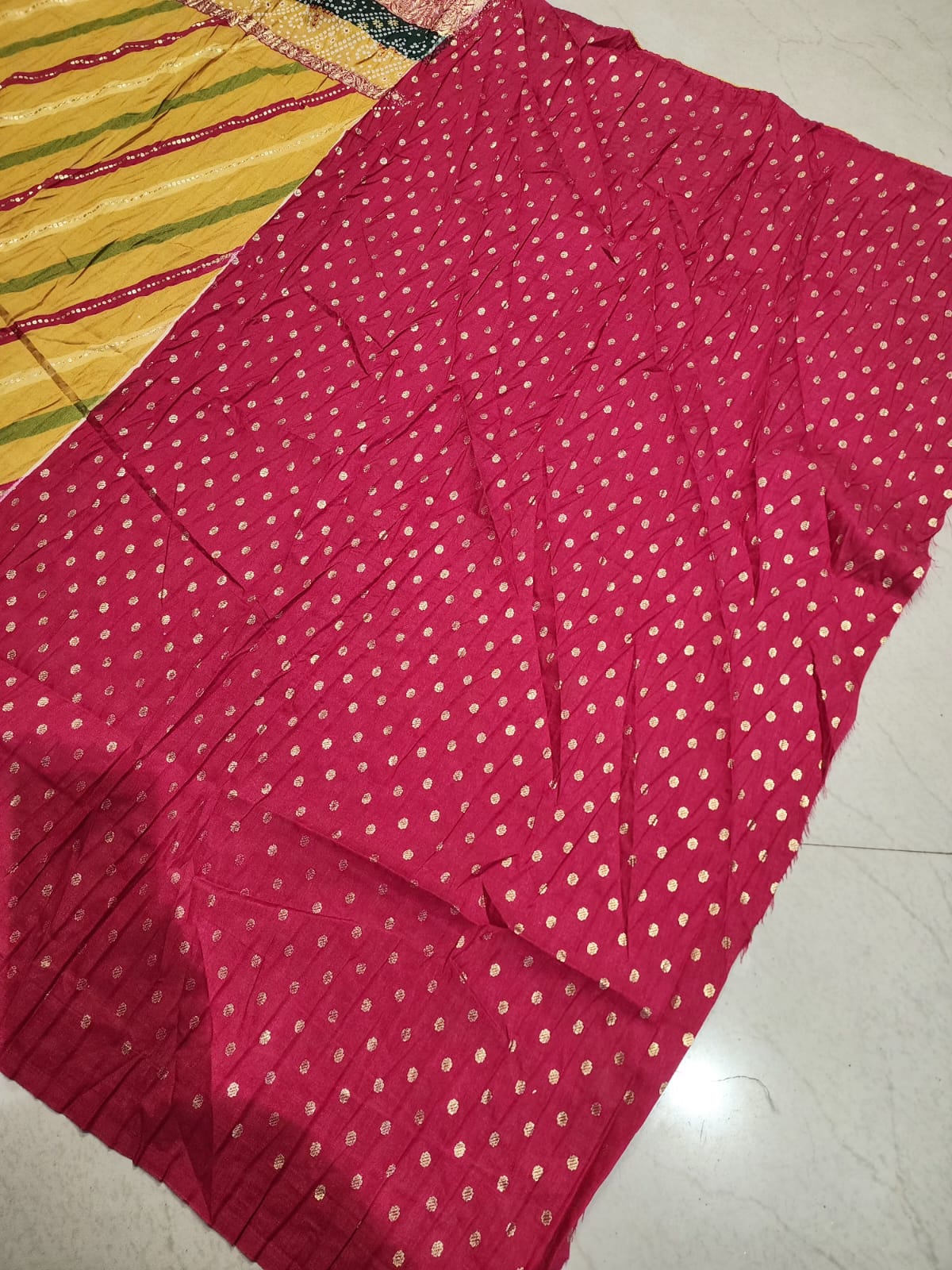 SAWAN LEHARIYA YELLOW COLOUR WITH FOIL AND DOLA CRUSH FABRIC BY SKFBHOLUBHAI