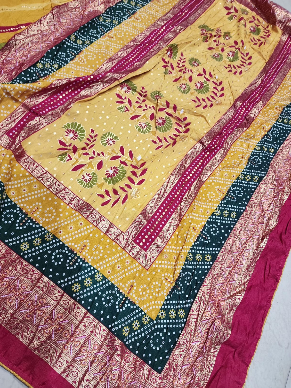 SAWAN LEHARIYA YELLOW COLOUR WITH FOIL AND DOLA CRUSH FABRIC BY SKFBHOLUBHAI