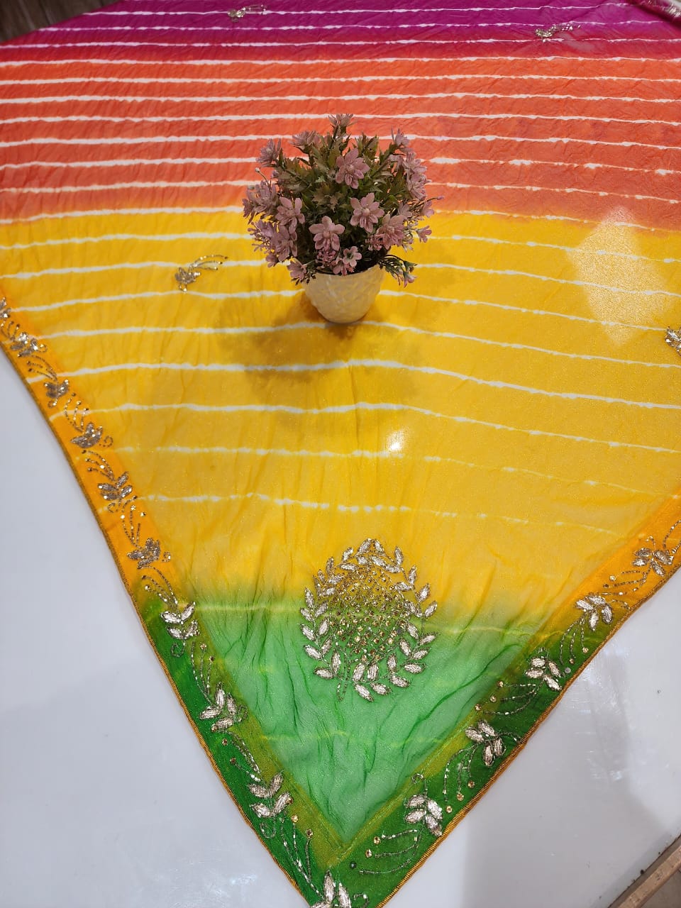 DIAMOND CHIFFON PACHRANGA LATEST LEHRIYA GOTTA HANDWORK SAREE BY SKFBHOLUBHAI