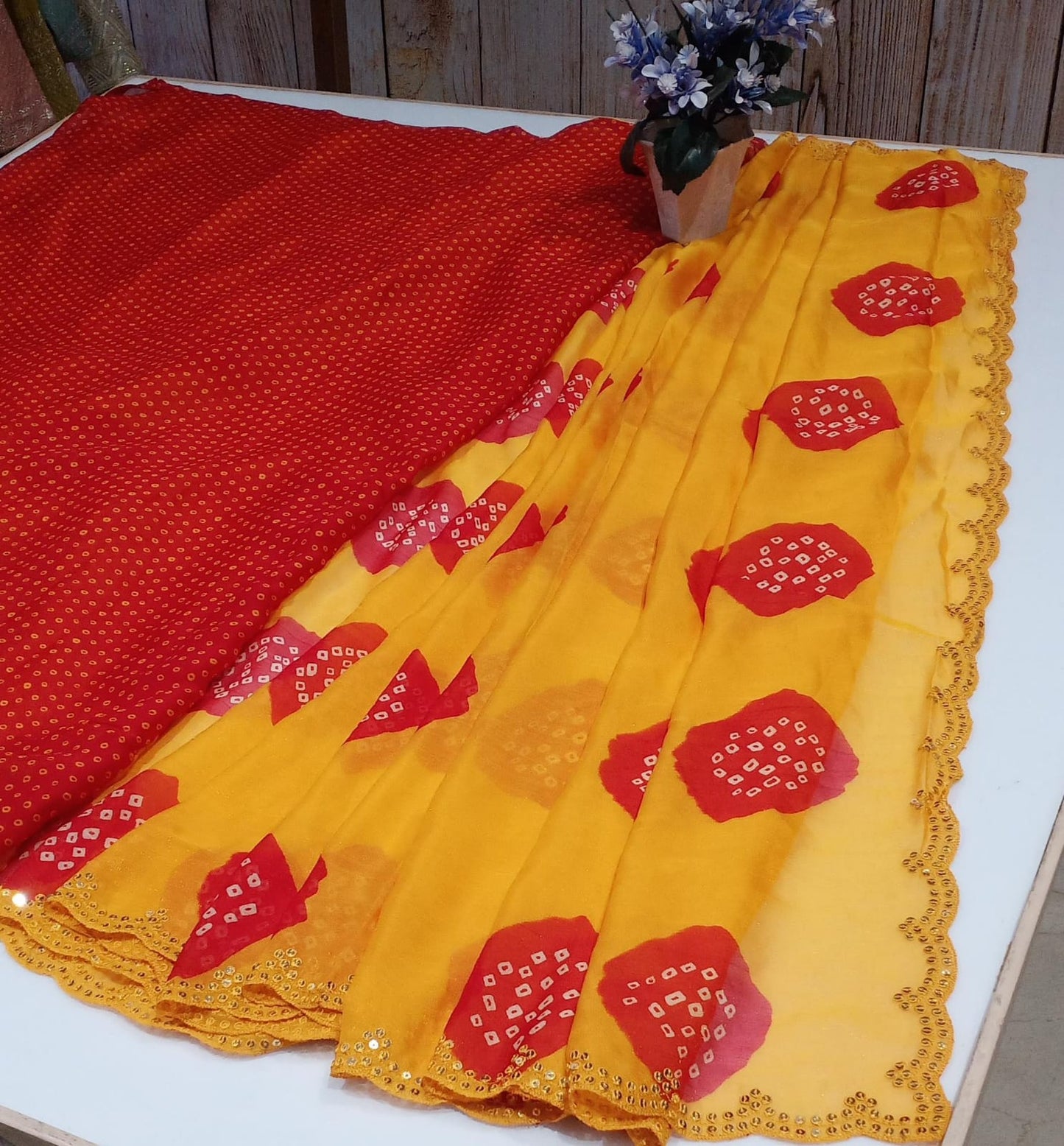YELLOW COLOUR SPECIAL TRADITIONAL LADDU BANDHEJ SAREE