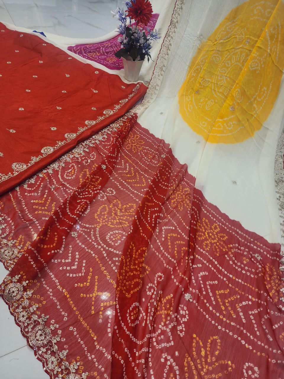 RAJASTHANI SPECIAL GHEVAR BANDHEJ MARBLE CHIFFON AND JARI WORK SAREE BY SKFBHOLUBHAI