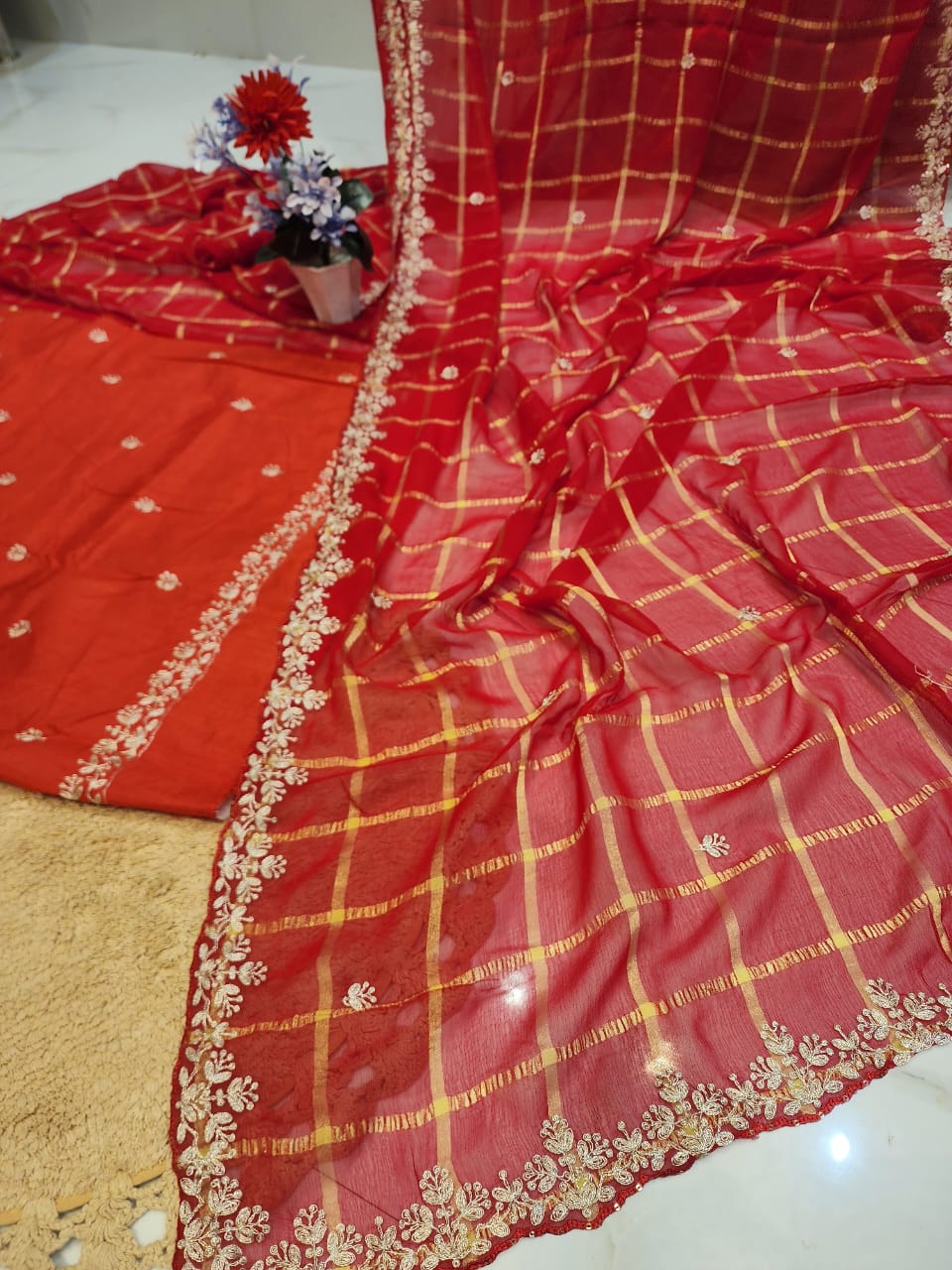 KARWACHAUTH RED COLOUR SAREE CHIFFON FABRIC GHAT CHOLA SAREE BY SKFBHOLUBHAI