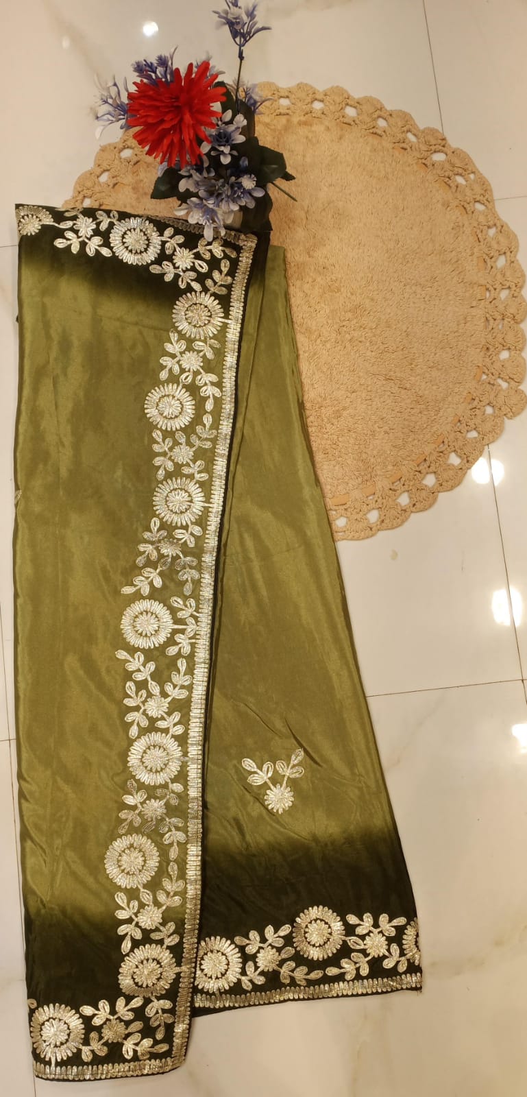 DOLA SILK TWO DIE KACCHA GOTA WORK SAREE BY SKFBHOLUBHAI