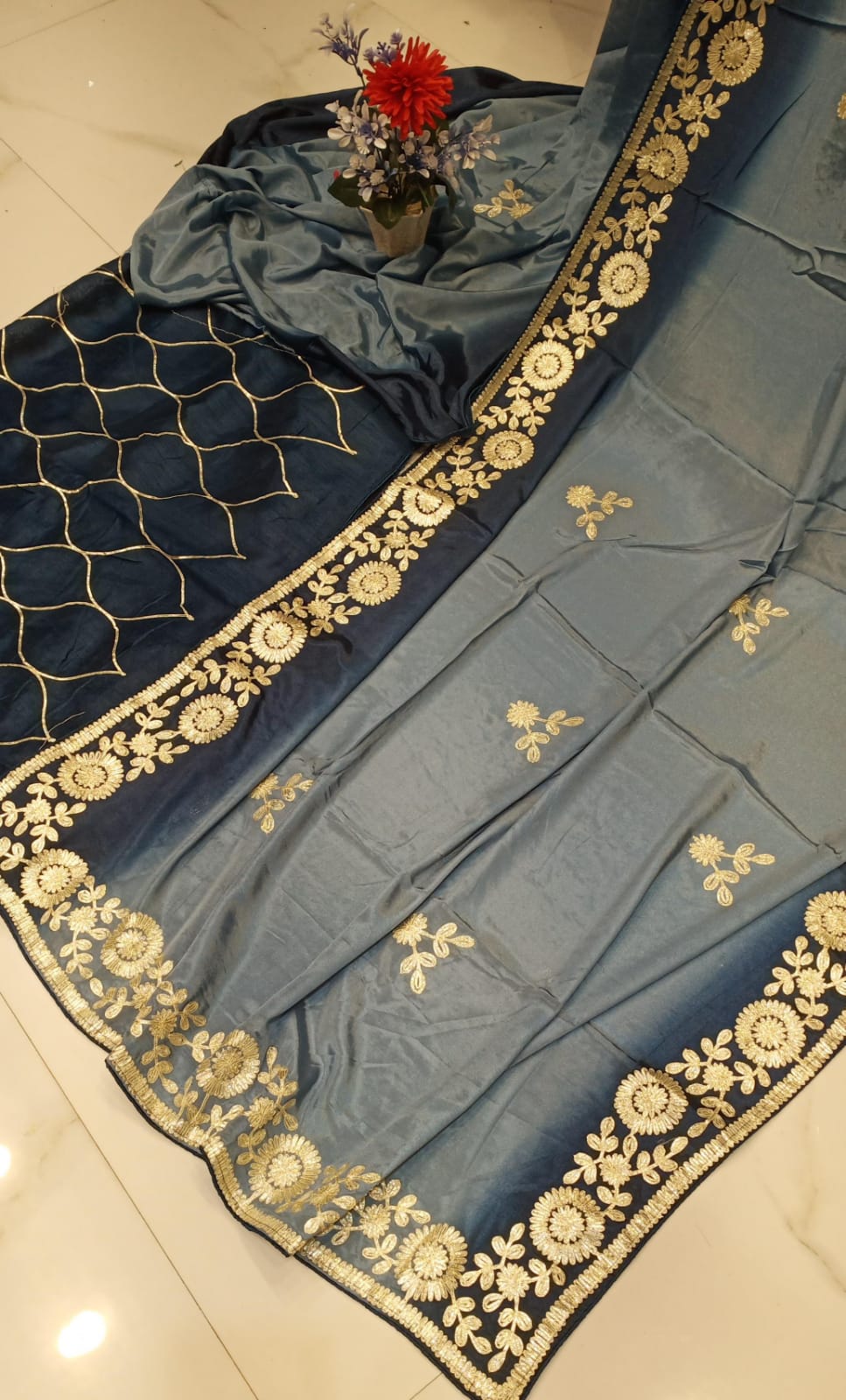 DOLA SILK TWO DIE KACCHA GOTA WORK SAREE BY SKFBHOLUBHAI