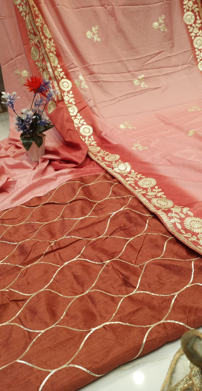 DOLA SILK TWO DIE KACCHA GOTA WORK SAREE BY SKFBHOLUBHAI
