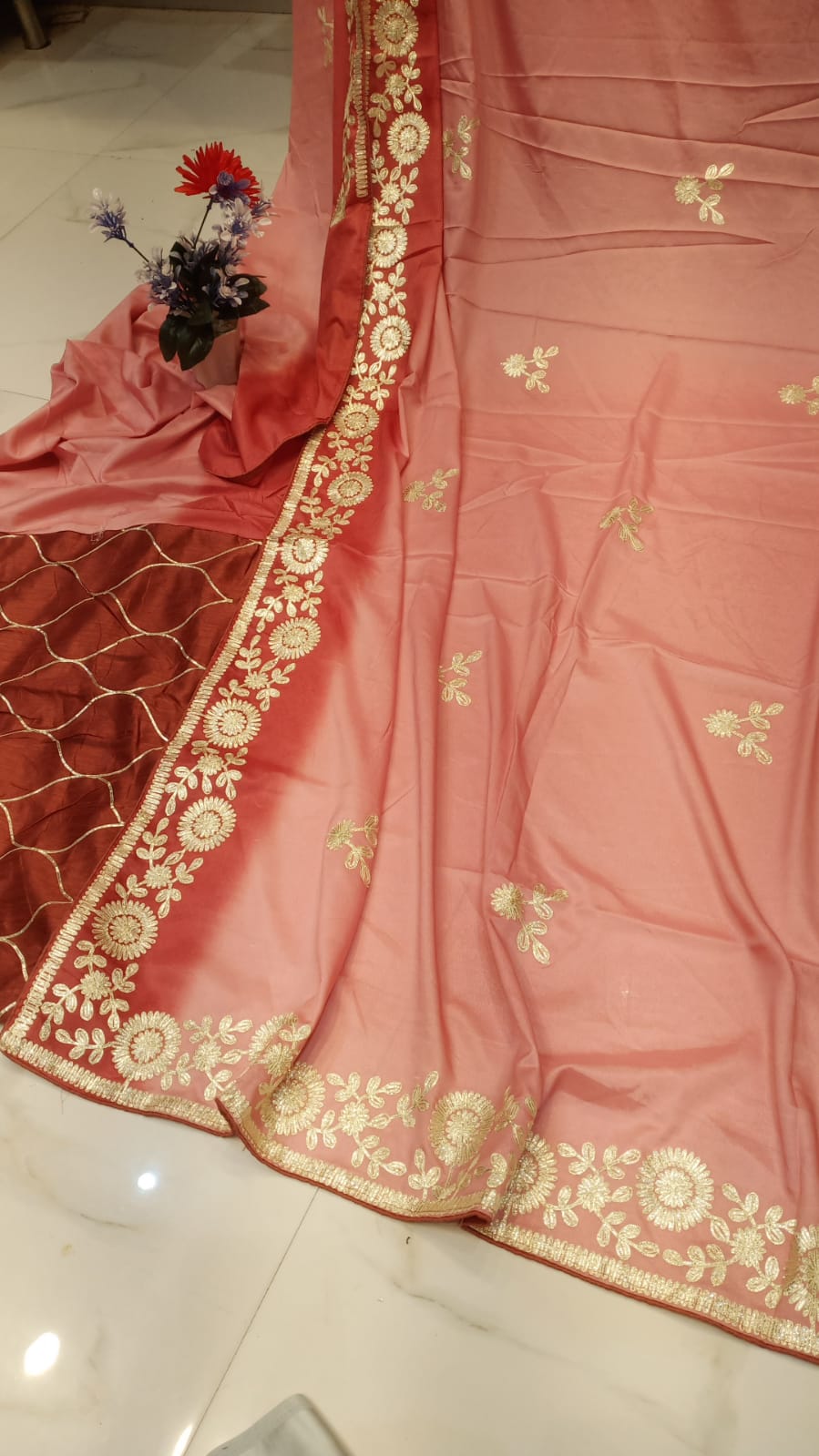DOLA SILK TWO DIE KACCHA GOTA WORK SAREE BY SKFBHOLUBHAI