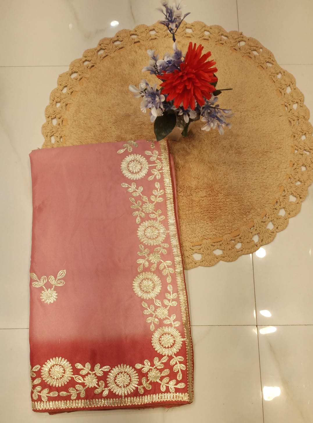 DOLA SILK TWO DIE KACCHA GOTA WORK SAREE BY SKFBHOLUBHAI