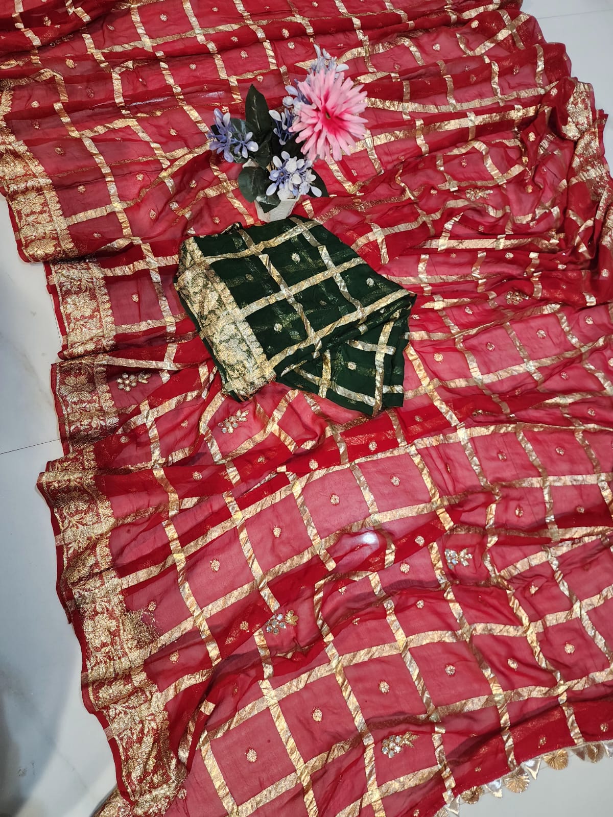 KARWACHAUTH RED COLOUR VISCOSE GEORGETTE FABRIC GHAT CHOLA SAREE BY SKFBHOLUBHAI