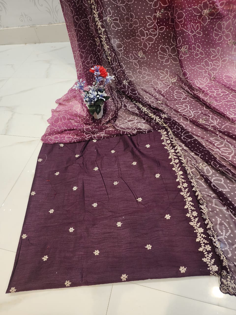 FESTIVAL SPECIAL BANDHEJ SAREE WITH PITTEN WORK BY SKFBHOLUBHAI