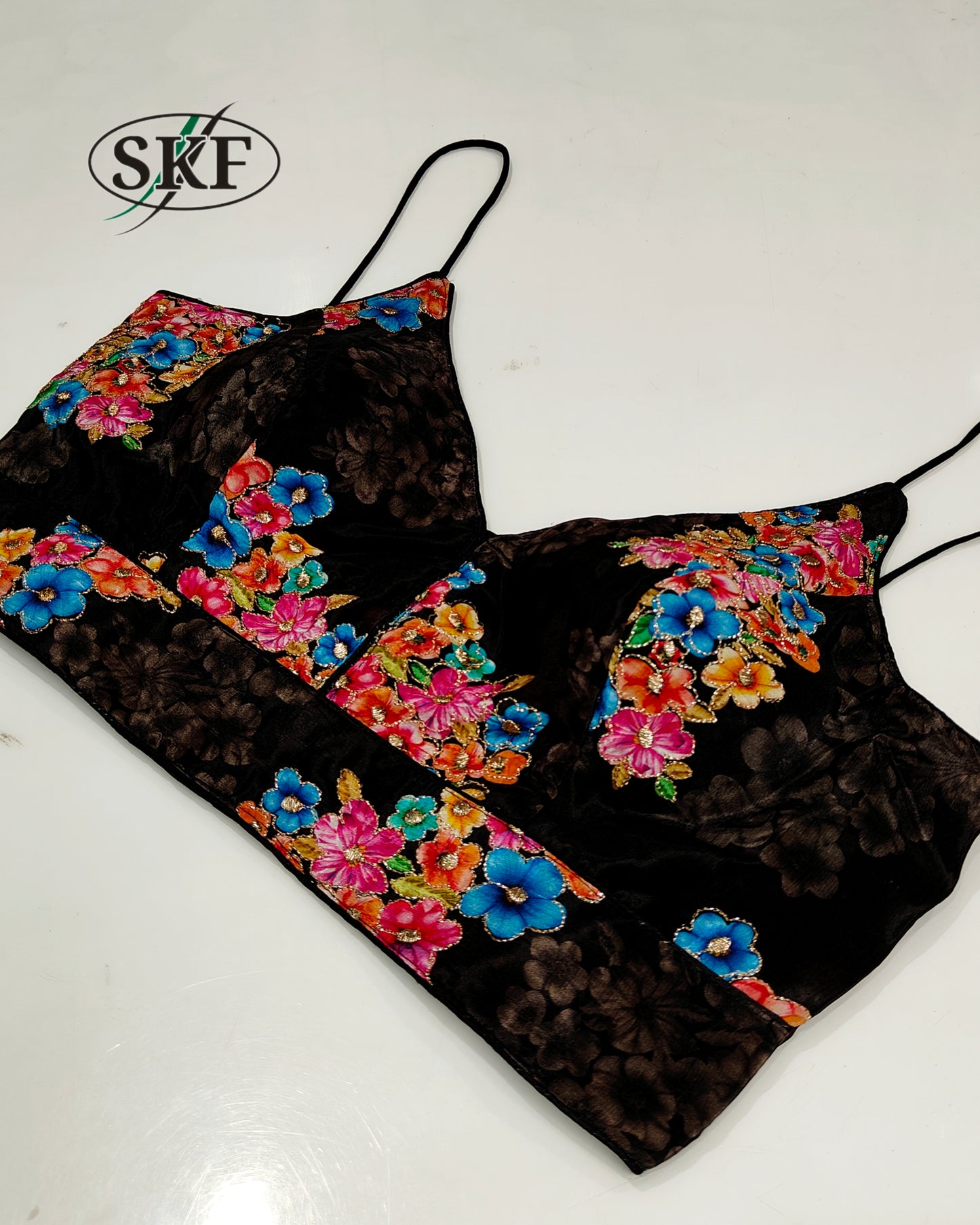 SATIN SILK SPAGHETTI DIGITAL PRINT ZARI OUTLINE BLOUSE BY SKFBHOLUBHAI