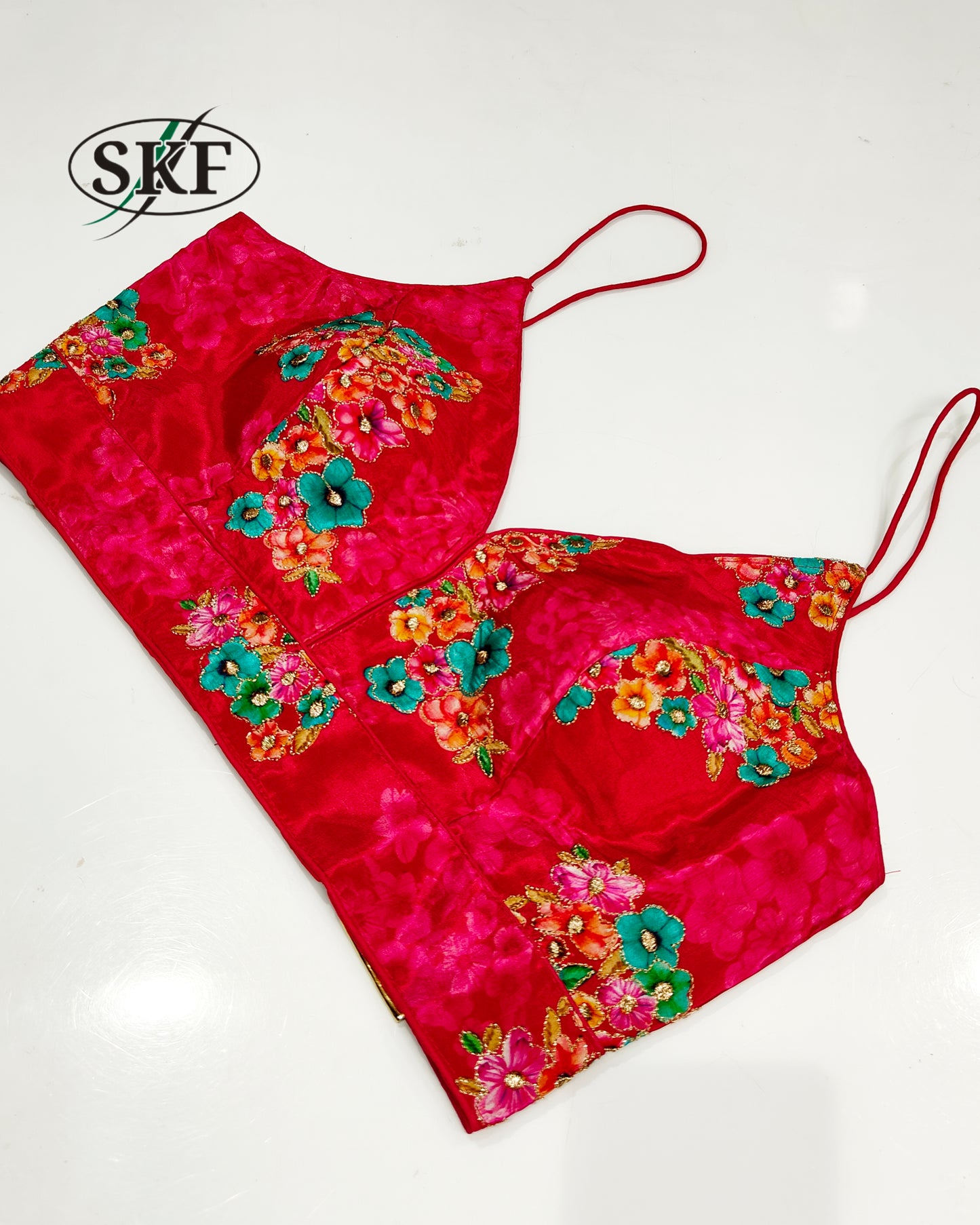SATIN SILK SPAGHETTI DIGITAL PRINT ZARI OUTLINE BLOUSE BY SKFBHOLUBHAI